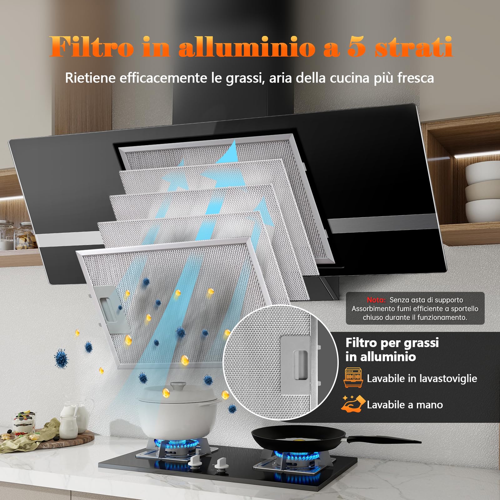 Cappa Aspirante Inclinata 90cm 450 m³/h 3 Livelli Boost Filtri Carbone Touch LED Vetro Nero
