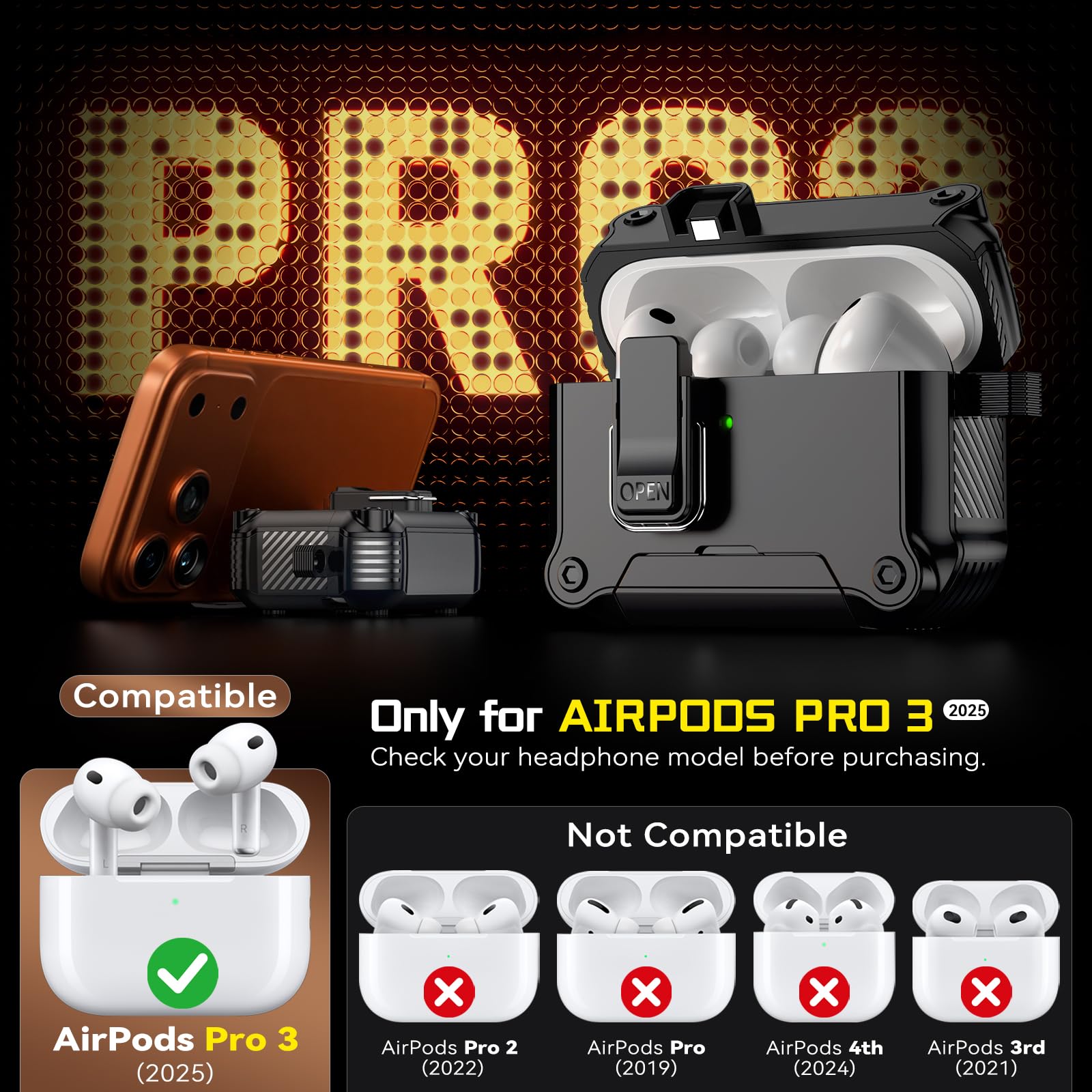 Inesore Compatible with AirPods Pro 3 Generation Case,Secure Lock & Phone Stand Design,Compatible with MagSafe,Automatic Snap Switch Secure Cover for New AirPods Pro 3rd (2025)-Black - 2