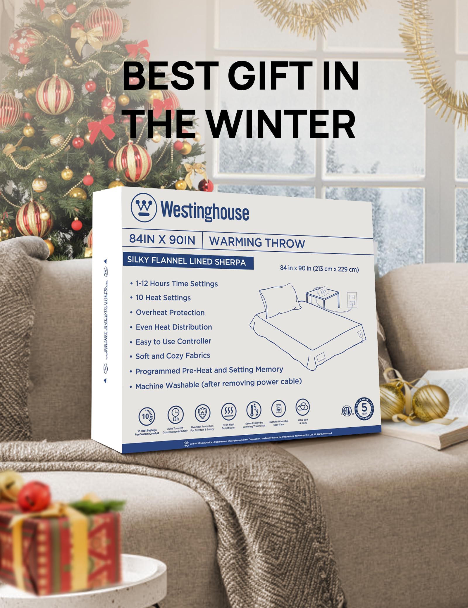 Westinghouse Electric Blanket Queen Size, Soft Flannel to Sherpa Heated Blanket with10 Heating Levels & 1 to 12 Hours Heating Time Settings, Fast Heating, Machine Washable, 84 * 90 Inch