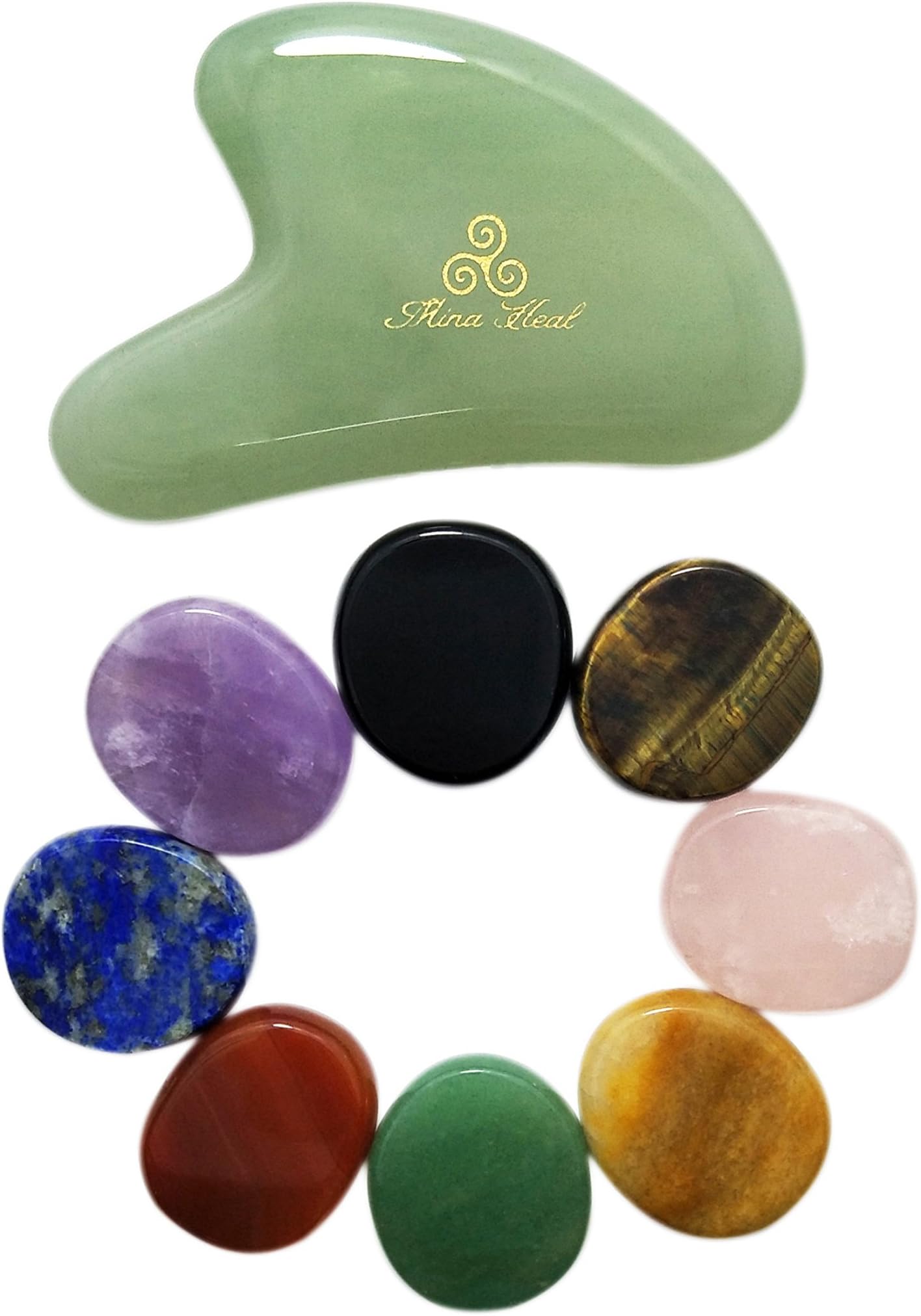 Healing Crystals Chakra Stones Oval Shape Set of 8 and Green Jade Stone Gua Sha Facial Massager Bundle