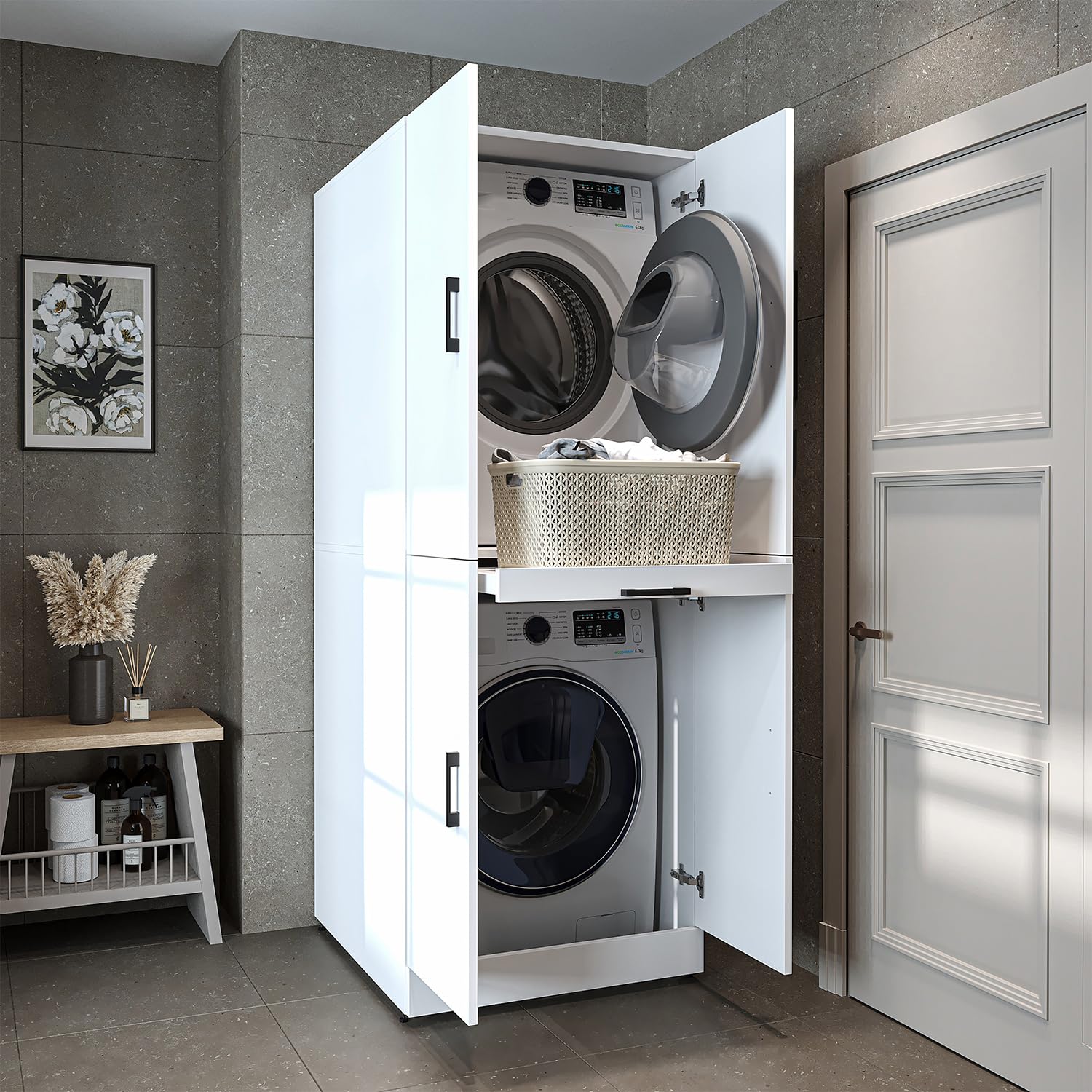 ROOMART Dora Armario para lavadora y secadora, en 4 colores, con puertas y estante deslizante (blanco)