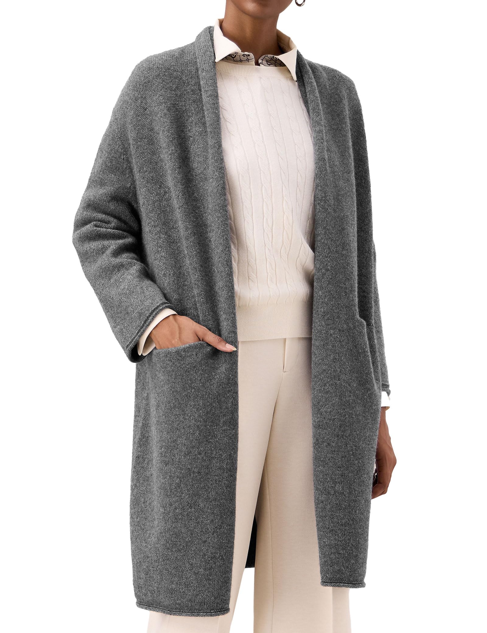 Amoretu Womens Pure Wool Knit Cardigan Open Front Long Sweater Loose Outerwear 2025