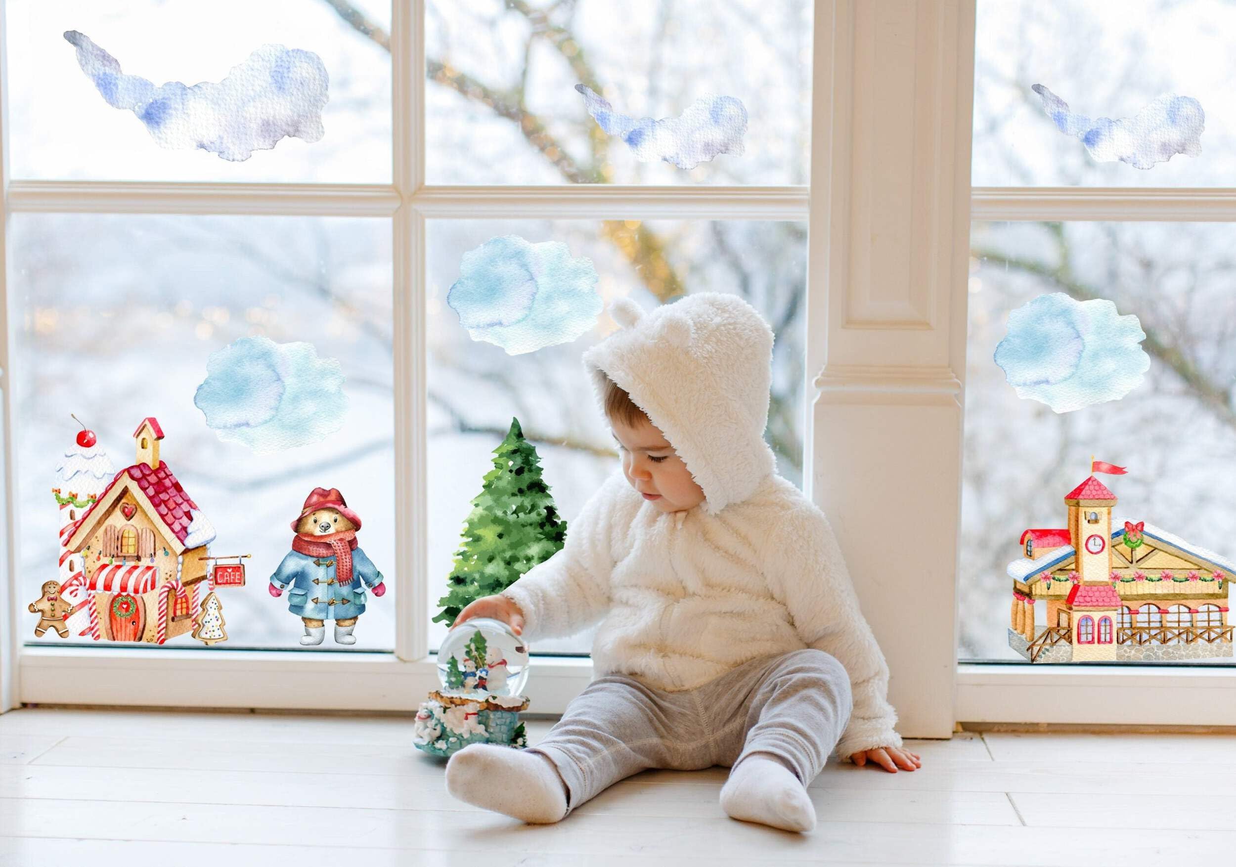 Quotemywall Light/White Christmas Bear Village Christmas Window Stickers