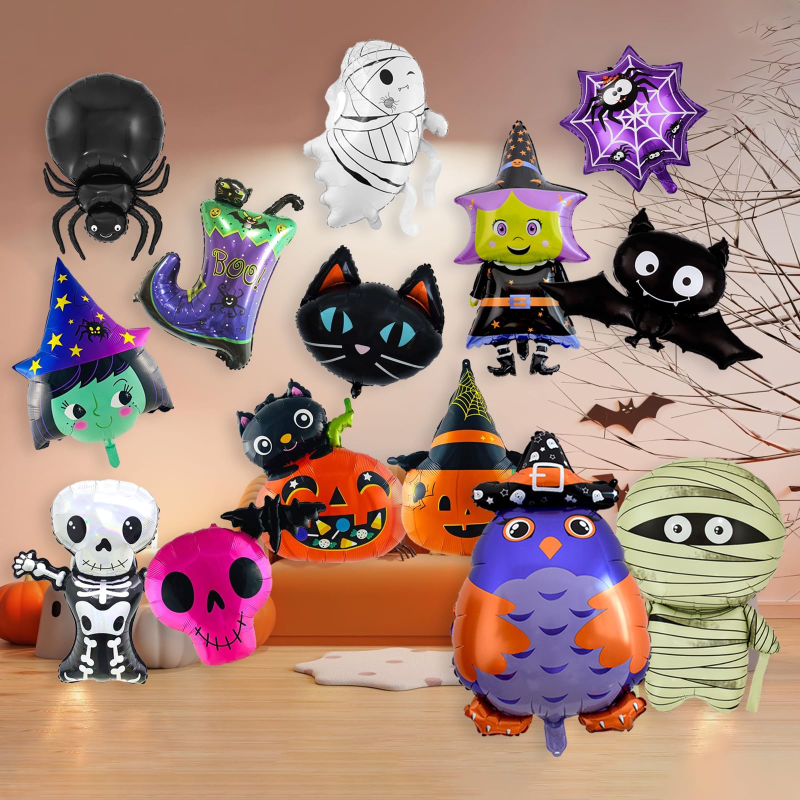 AYNKH 15PCS Oversized Halloween Foil Balloons, Pumpkin, Spider, Bat, Witch, Skeleton, Ghost Halloween Foil Balloons Set - Image 3