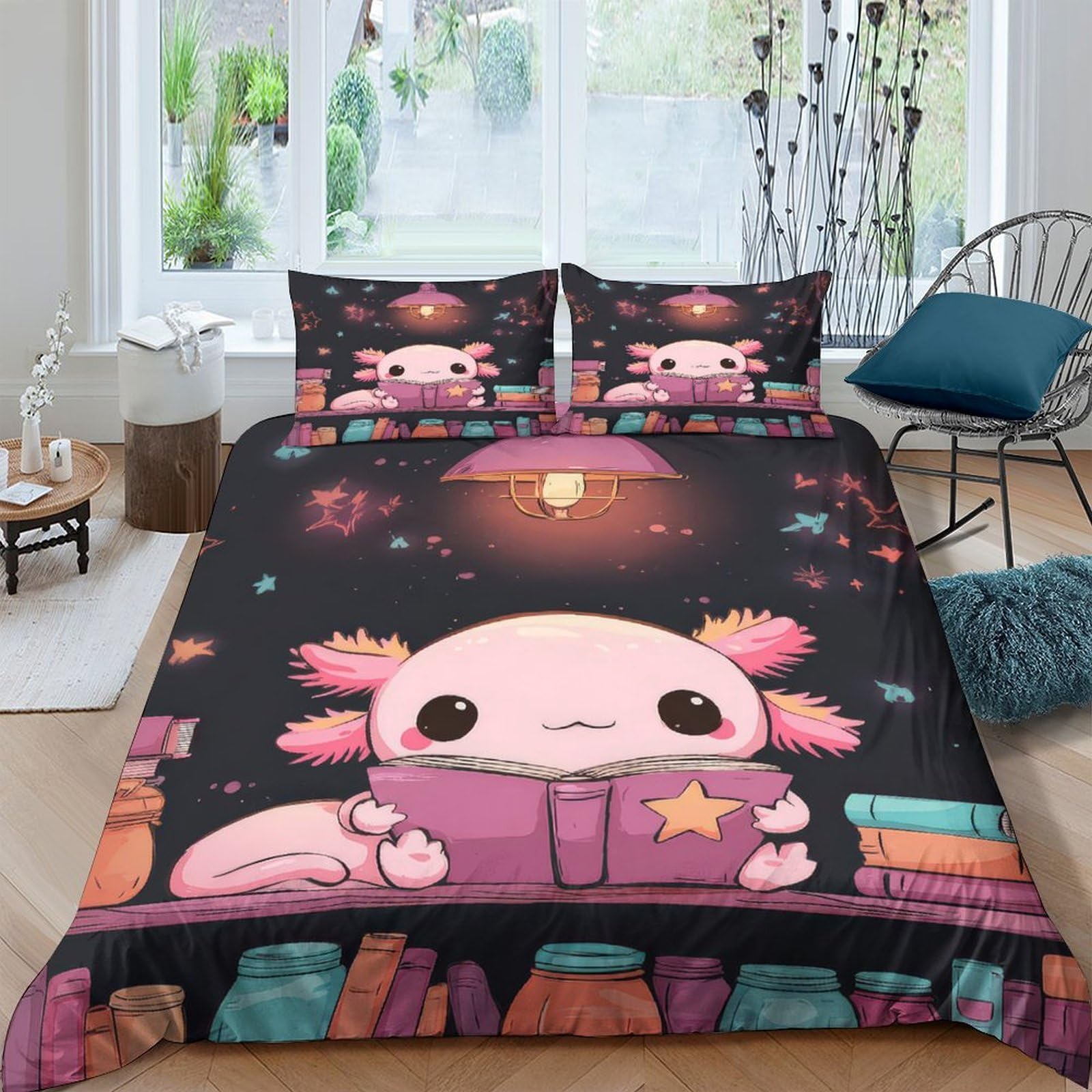 Ctjqhvkz Style-1 3D Printed Cute Axolotl Fitted Sheet Microfiber Cartoon Book Bed Cover For Bedroom Dorm Protective Anti-Slip Easy Care Decor Single（135X200cm）