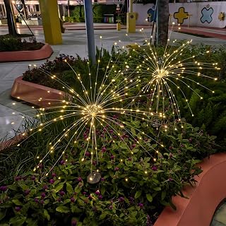 Solar Garden Firework Lights Outdoor Waterproof, 2 Pack 200 LED 8 Lighting Modes Sparklers Solar Twinkling Starburst Lights for Yard Flowerbed Pathway Fence Decorations, Warm White