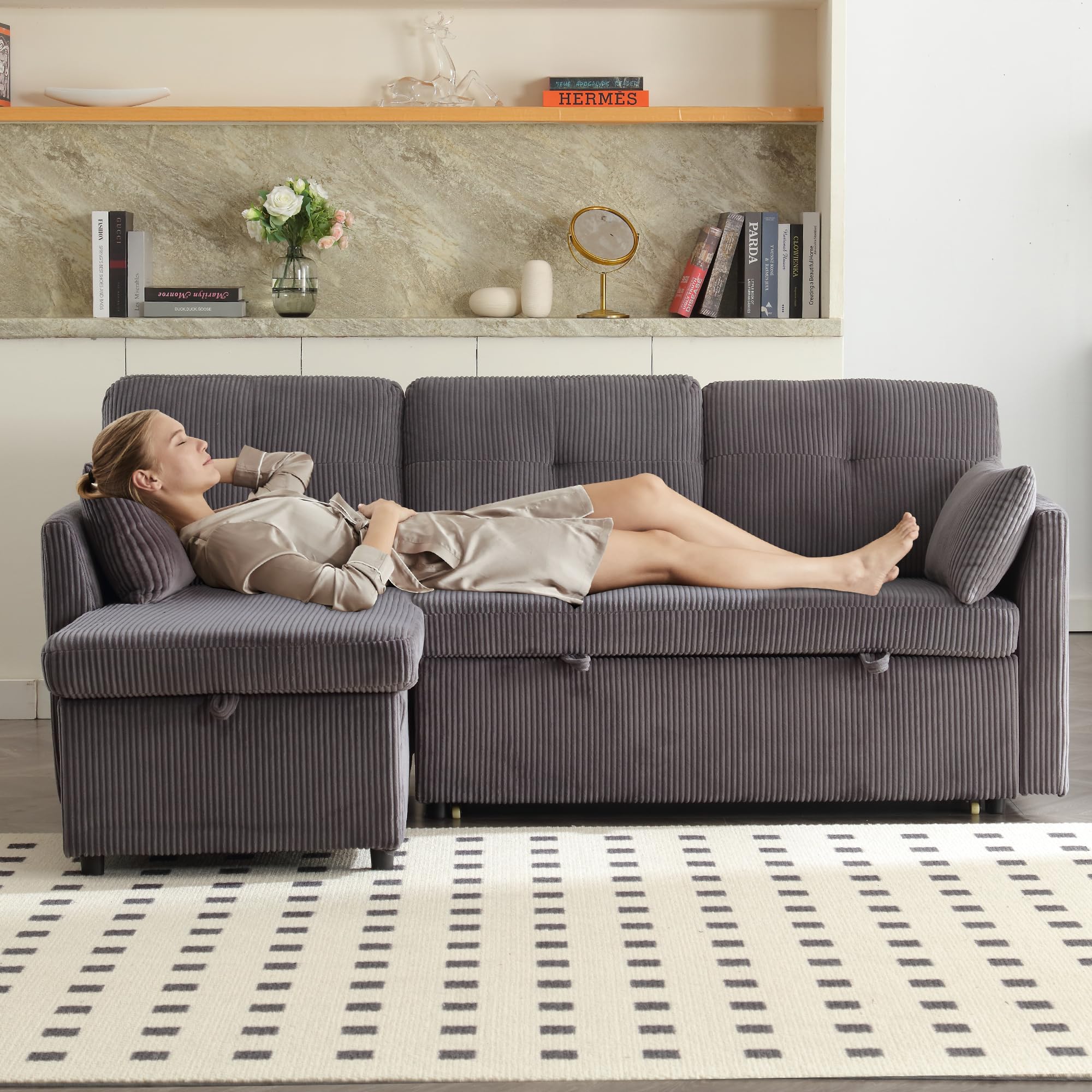 Divano letto modulare a 3 posti con vano portaoggetti – Divano in velluto a coste con funzione sleep & lettino estraibile | Divano letto a forma di L per soggiorno | Divano letto con contenitore