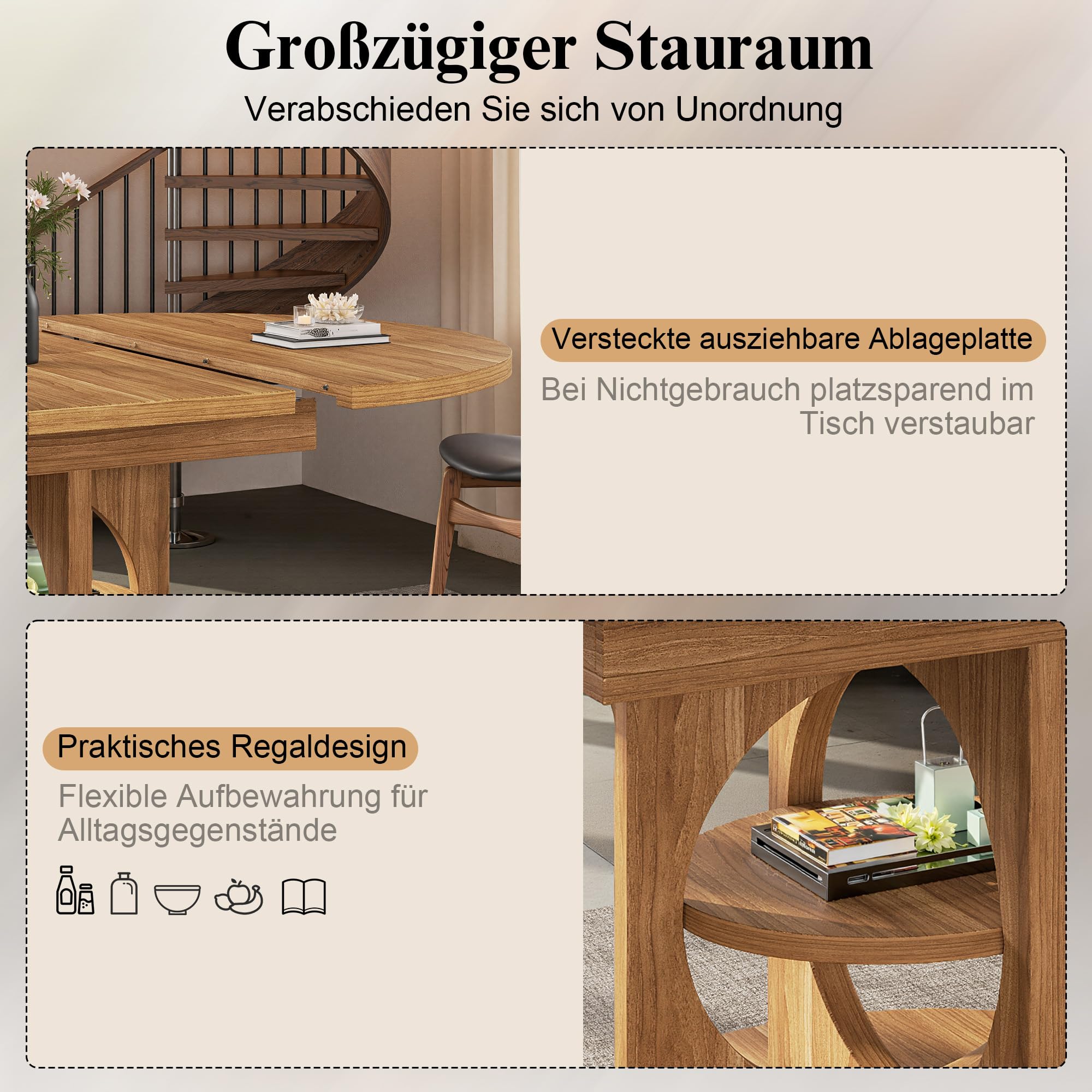 Kebnor Tavolo da pranzo allungabile con vano portaoggetti, 110-150 cm, effetto legno, portata fino a 60 kg, da rotondo a ovale (legno naturale)