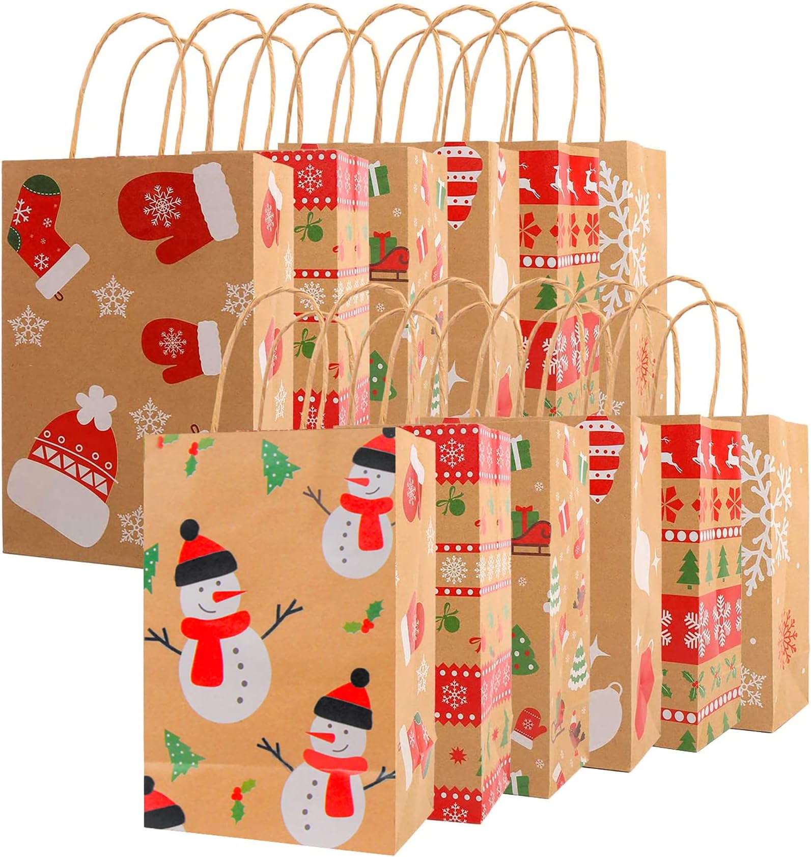 DERAYEE 24Pcs Christmas Kraft Gift Bags, Xmas Assorted Paper Goodie Bags Bulk with handle for Christmas Party Favor Supplies (5.9”*3.5”*9”)