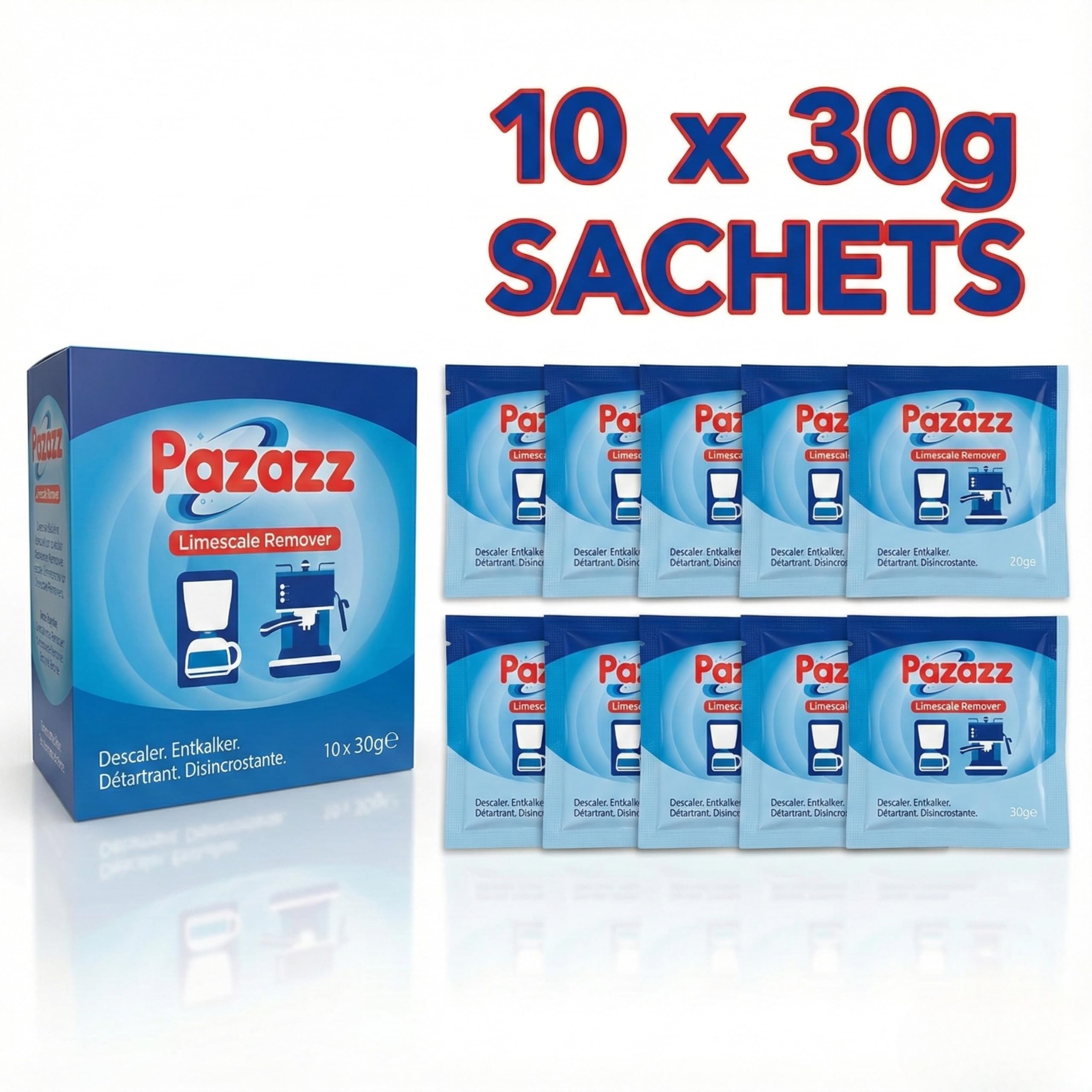 PAZAZZ Decalcificante per Macchine da Caffè – Compatibile con De’Longhi, Sage, Gaggia, Krups, Dualit e Altri – Rimuove il Calcare – Rende 60.000ml – Confezione da 12