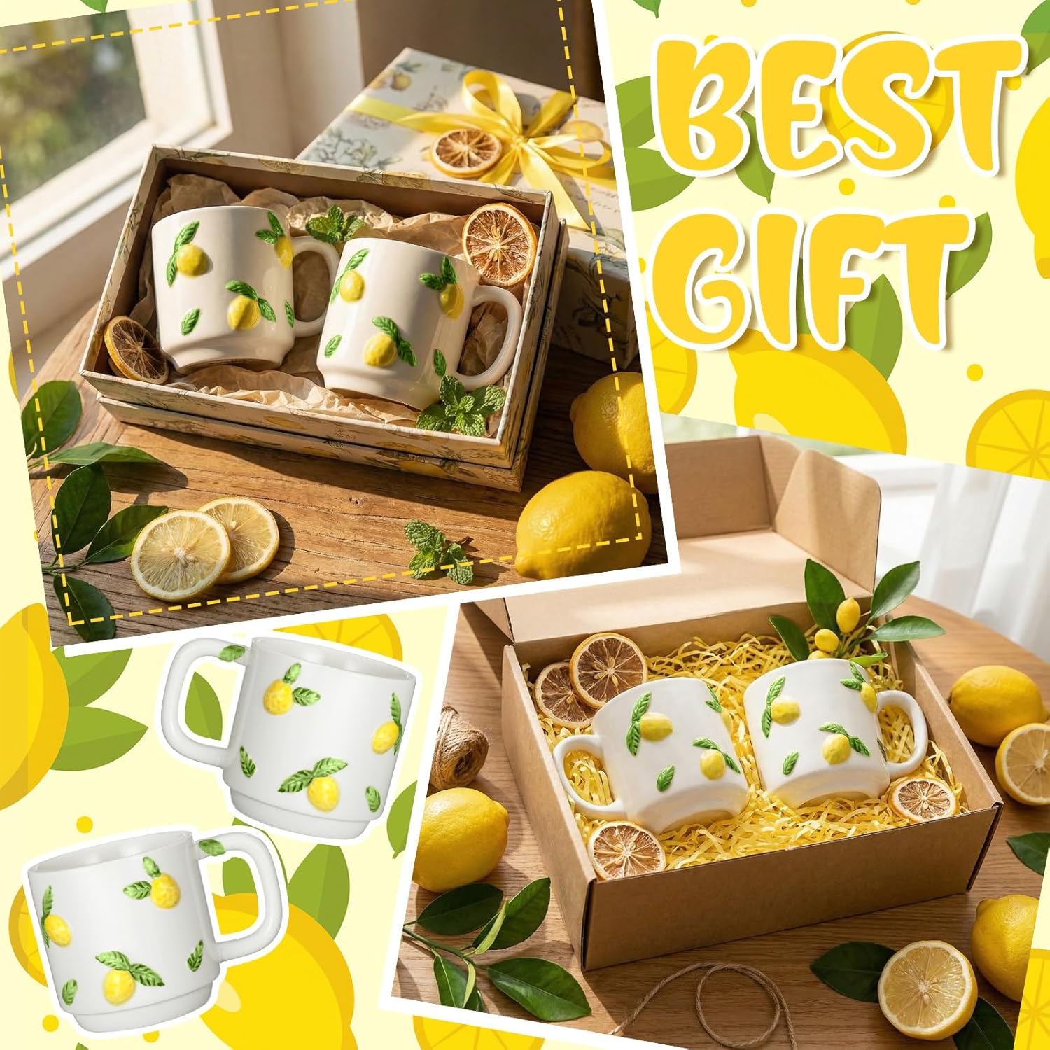 LemonRoad 2 Pcs Lemon Ceramic Coffee Mugs Handmade Pottery Coffee Cup 12 oz Stackable Cute Summer Mugs with Handle for Spring Summer Party Supplies Women Gifts