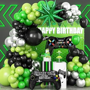Video Game Balloon Arch Garland Kit, Green Black Silver Birthday Balloons