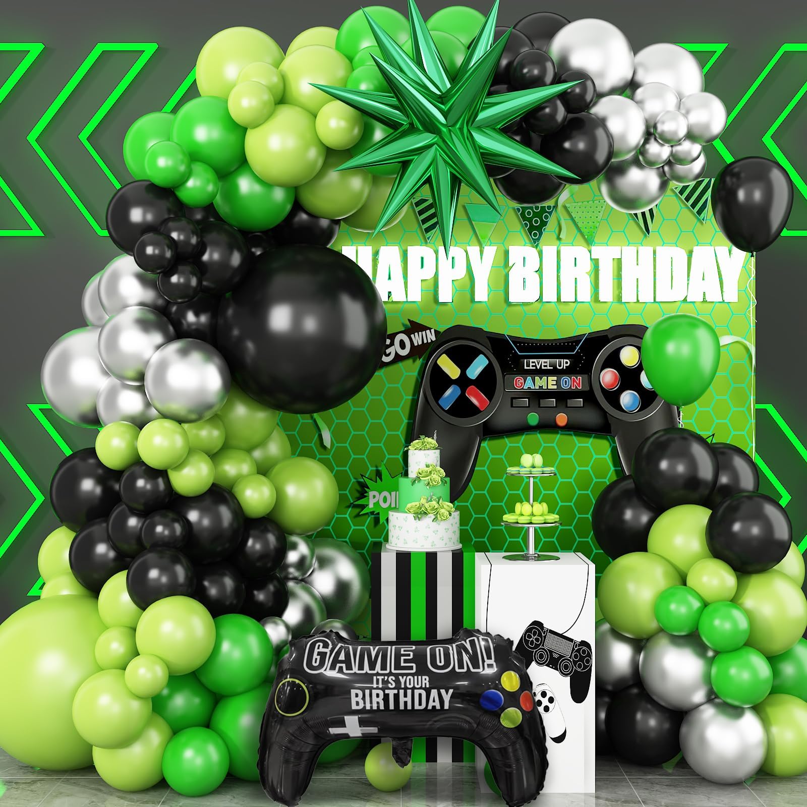 Video Game Balloon Arch Garland Kit, Green Black Silver Party Balloons with Game Handle Foil Balloons for Video Game Theme Birthday Party Boys Night