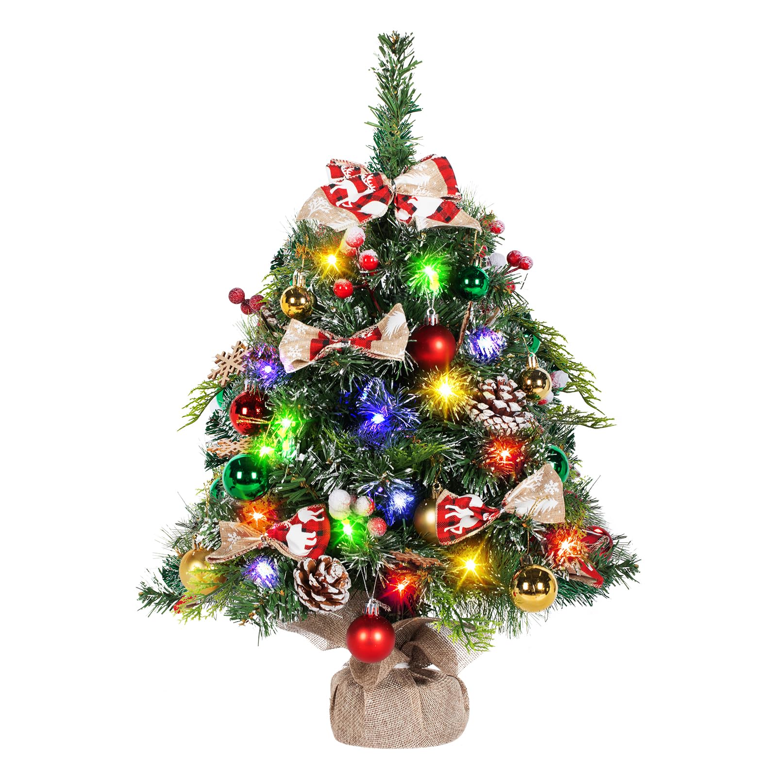 NALONE 24 Inch Mini Christmas Tree with Lights and Timer, Snow Kissed Tabletop Christmas Tree with 36 Pcs Ornaments, Artificial Small Xmas Tree with Pinecones and Red Berries