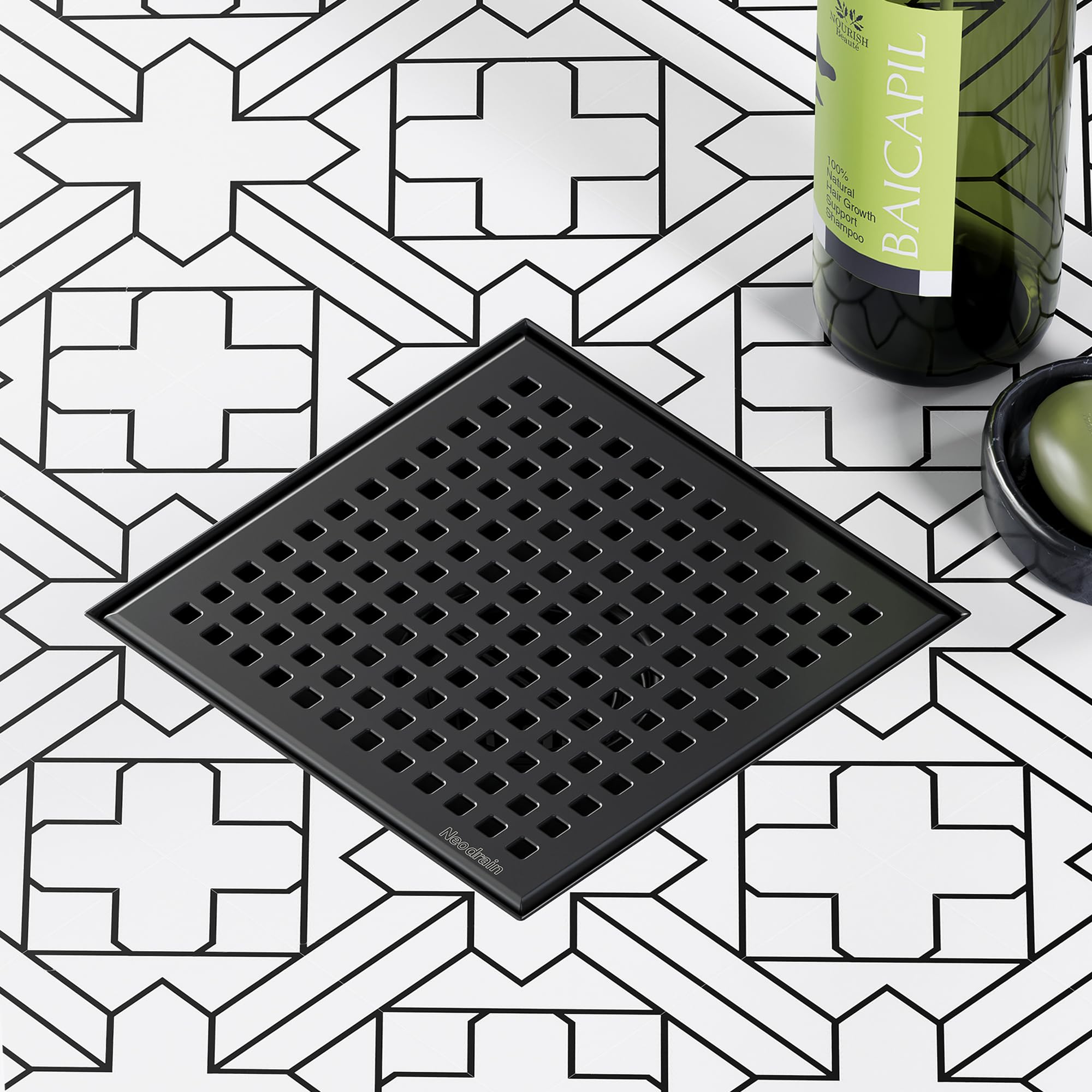 Siphon de douche carré anti-odeur et bouchon Neodrain noir avec filtre à cheveux amovible
