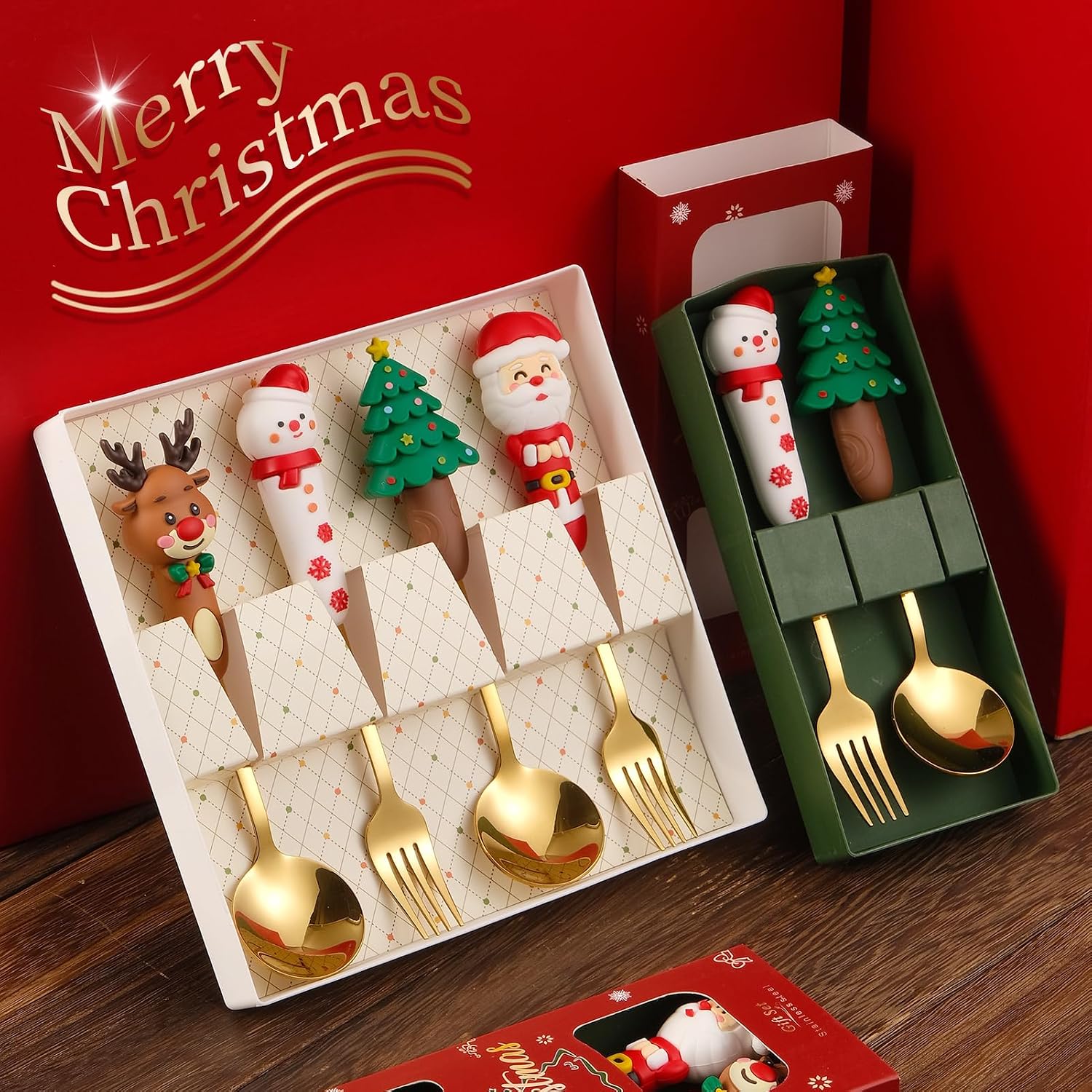 Round Spoon and Fork Set, Fun Christmas Design, Gold