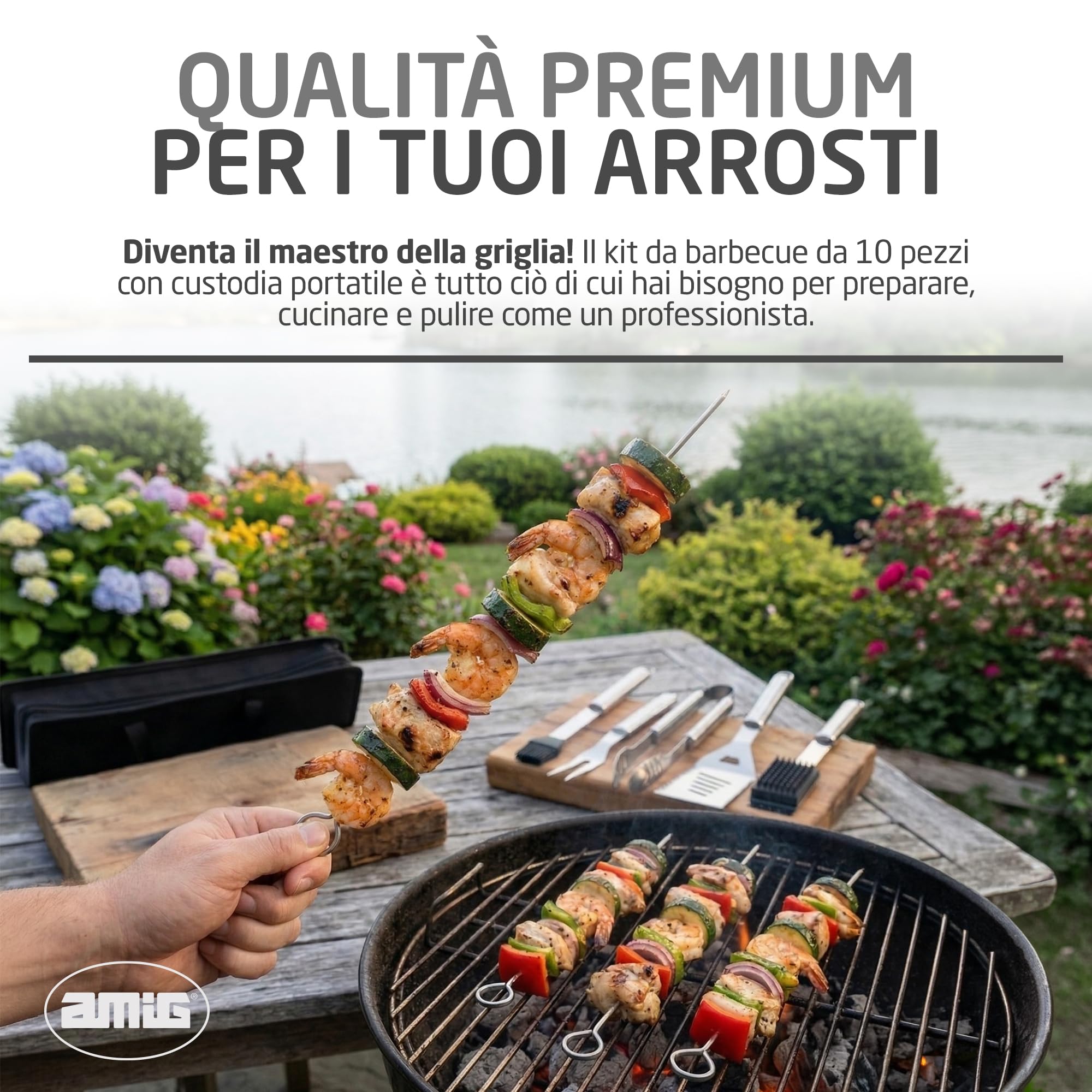Amig - Kit 10 Accessori per Barbecue - Acciaio Inossidabile - Set Completo di Utensili - Accessori Pratici e Presentazione Curata per Regalo - Mod. AM03