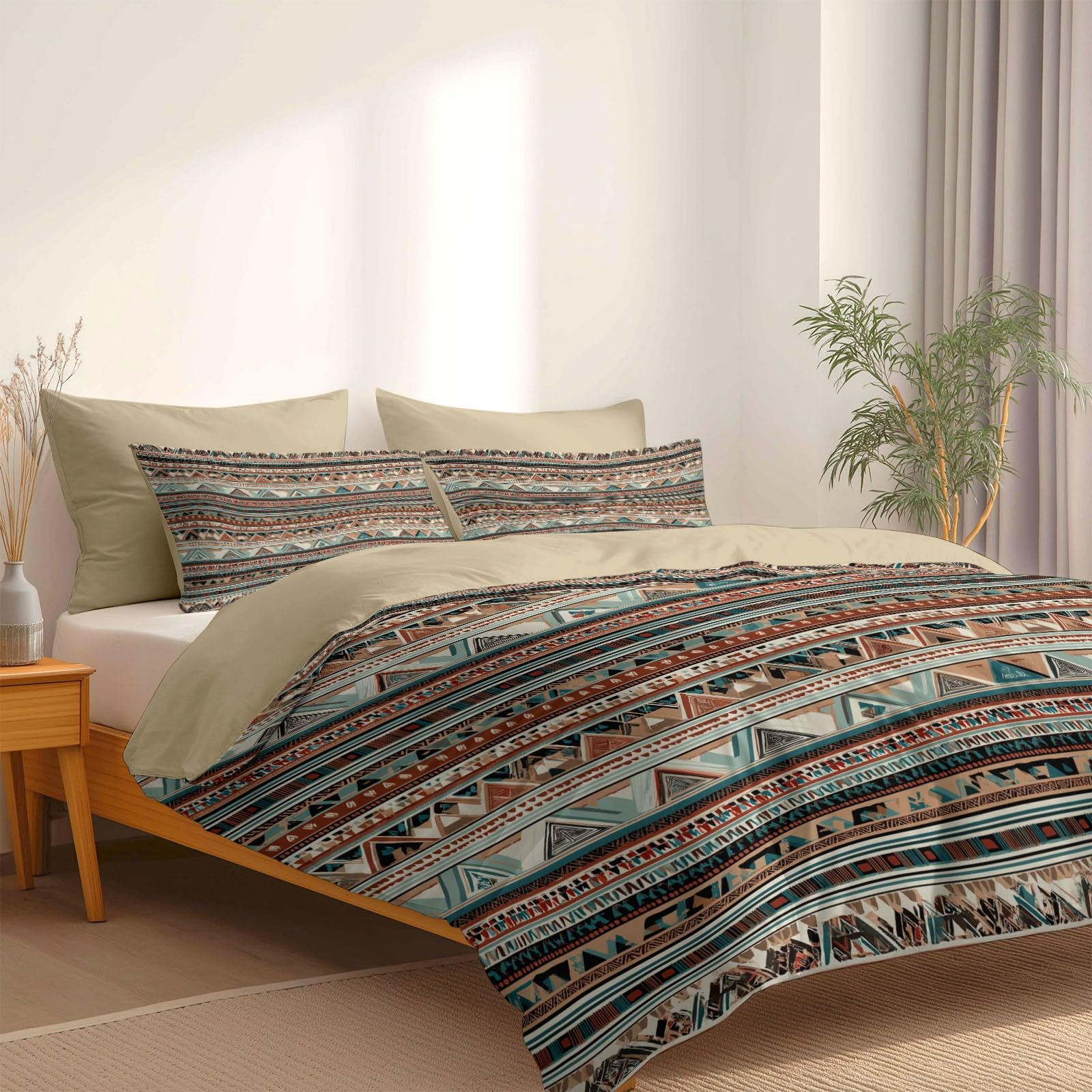Generisch Boho Ethno Stil Beige 3-teiliges Bettwäsche-Set,1 Bettbezug 240 x 220 cm und 2 Kissenbezüge 80 x 80 cm, Rustikales GeometriemusterGeschenk für Allergiker