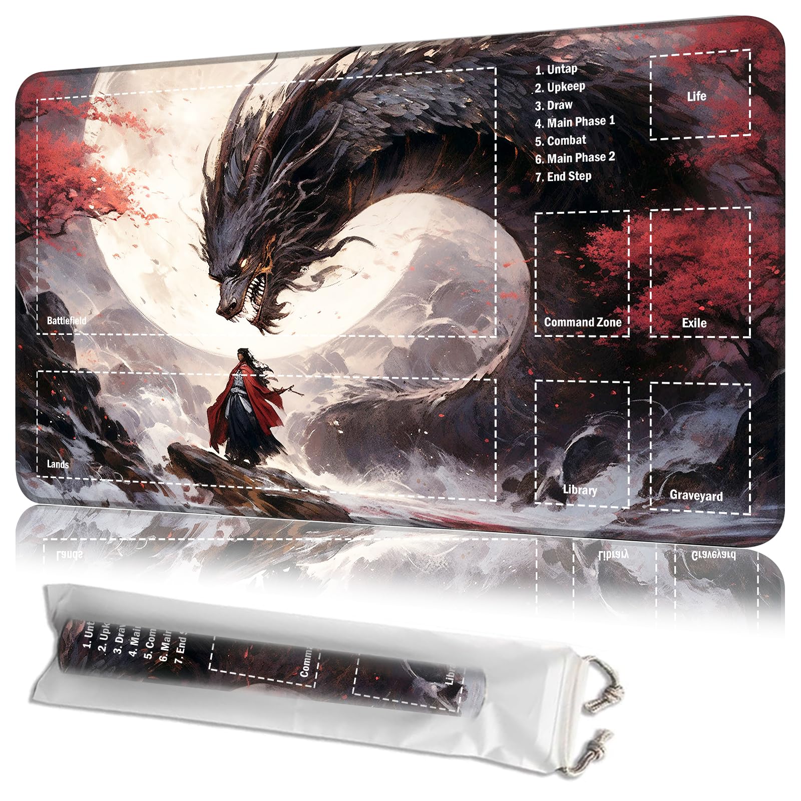JANENFNA Playmat 24" x 14" with Magic Zones for MTG Card Game Playing, Board Game Mat for Card Breaking Commander Deck Gaming Card Game Battles Mat with Storage Bags, Japanese Ink Dragon — image 1