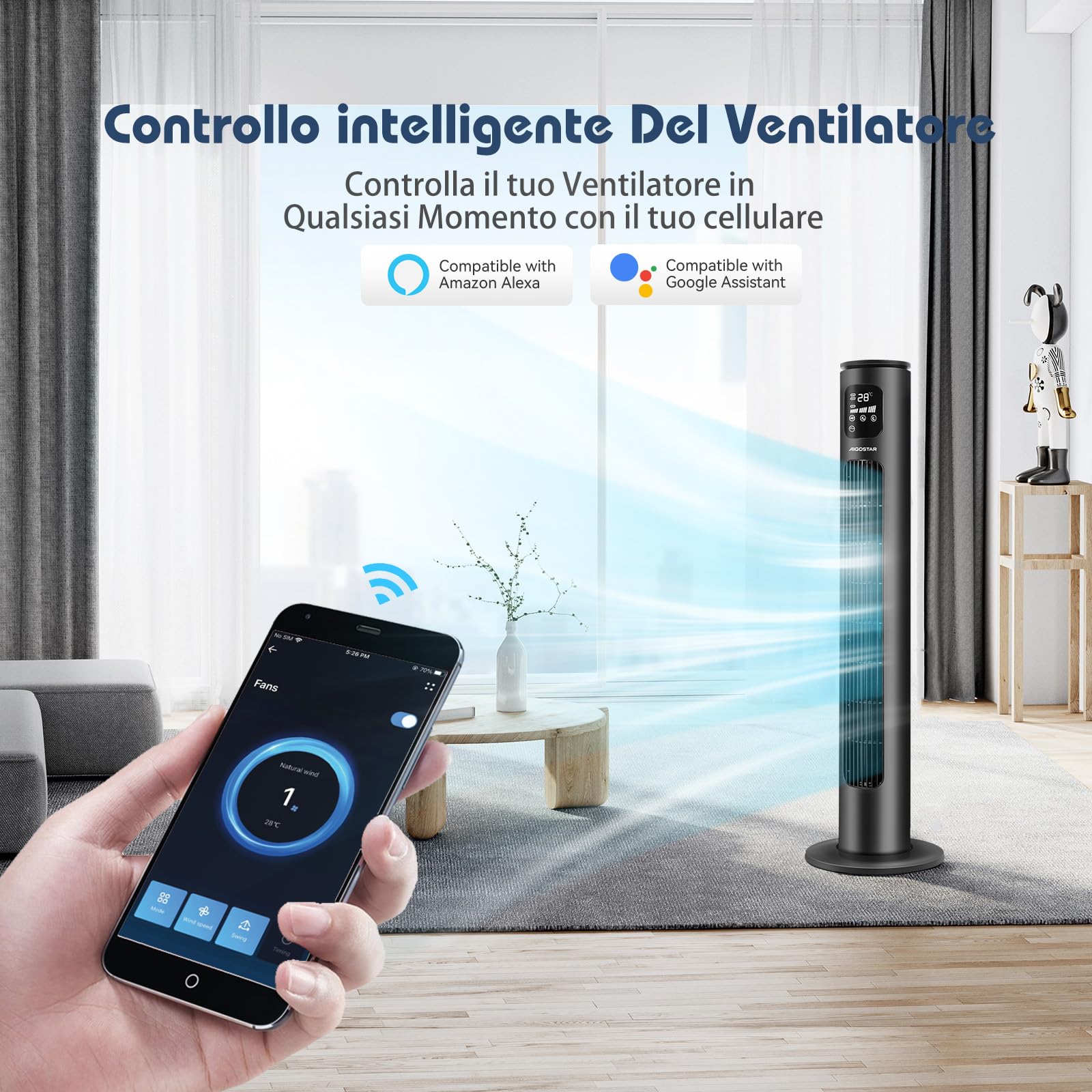 Aigostar Ross Smart - Ventilatore a torre Smart WiFi con telecomando, 102 cm, display LED, oscillazione 70°, 3 velocità 3 modalità, timer 24 ore, controllo APP, adatto per casa e ufficio