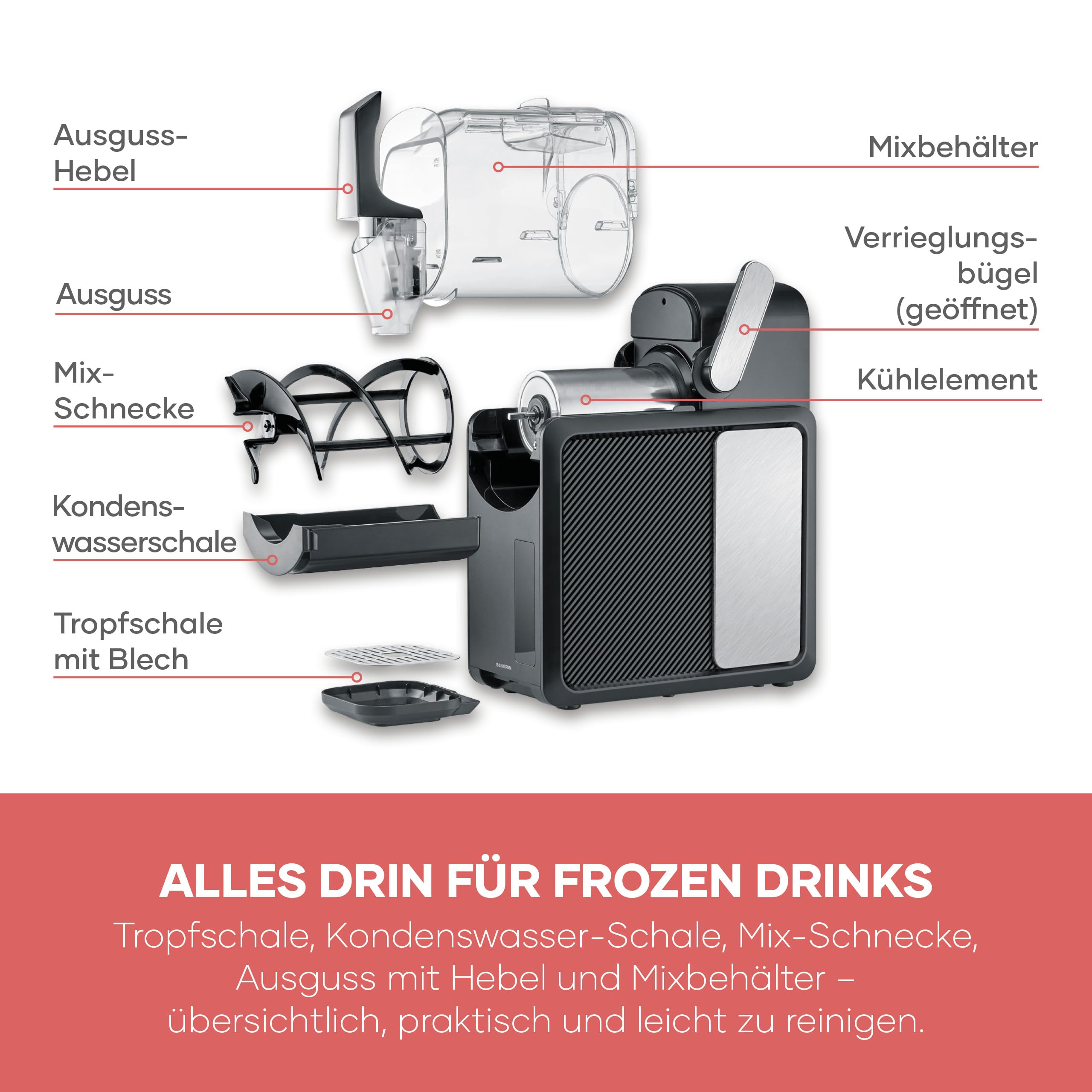 Severin Slush-Eis-Maschine für zu Hause, Eis-Cocktails, Frappé, Milchshakes, 15 min Technologie, Ice-Maker, 5 Programme, ohne Eis, automatische Reinigung, 2L, S-Slush, schwarz, silber, EZ 7410