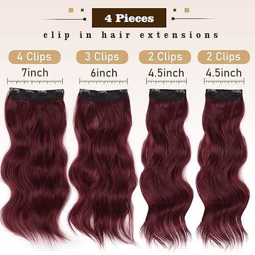 Miniatura 2 de Extensiones de cabello color burdeos con clip, 4 piezas, grueso, sintético, largo, ondulado, para mujer, de 20 pulgadas