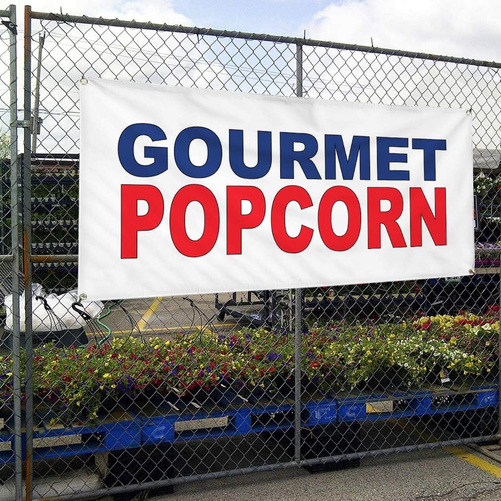 Vinyl Banner Multiple Sizes Gourmet Popcorn Blue Red Food Bar Restaurant Truck Restaurant & Food Outdoor Weatherproof Industrial Yard Signs 4 Grommets 16x40Inches