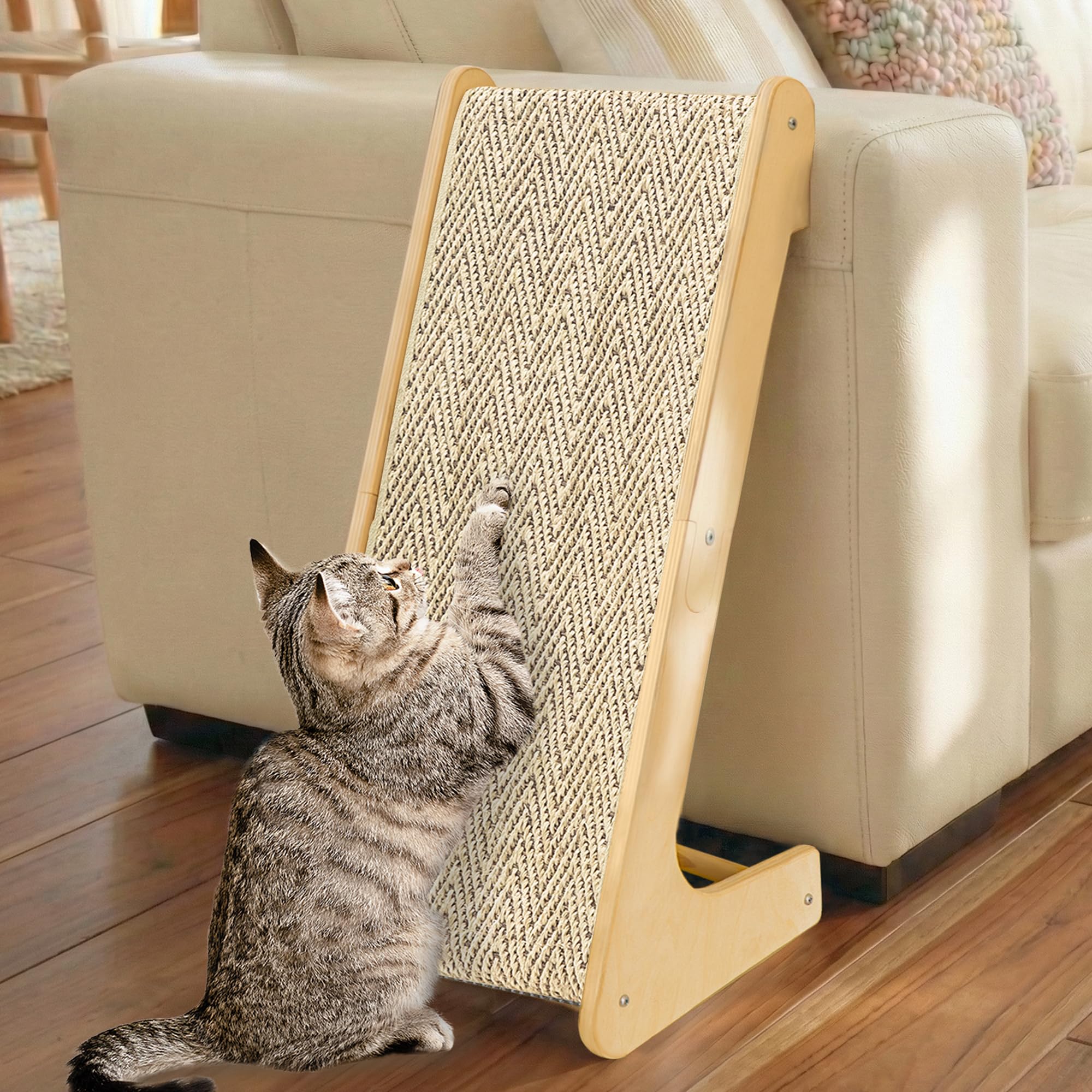 PETKARAY L-Shaped Dual-Use Sisal Cat Scratcher, 64 cm Tall Natural Sisal Cat Scratching Post, L-Shaped Pet Furniture Protector with Catnip, Chevron Pattern