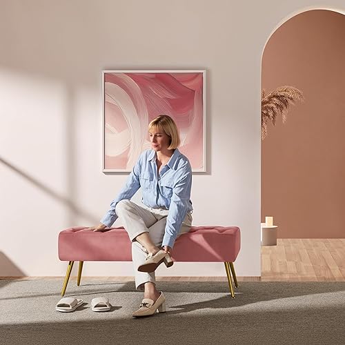 Miniatura 2 de Yaheetech Banco Otomano Moderno de Terciopelo Banco Tapizado Reposapiés para Sala de Estar con Patas de Metal Dorado y Asiento Acolchado Rosa