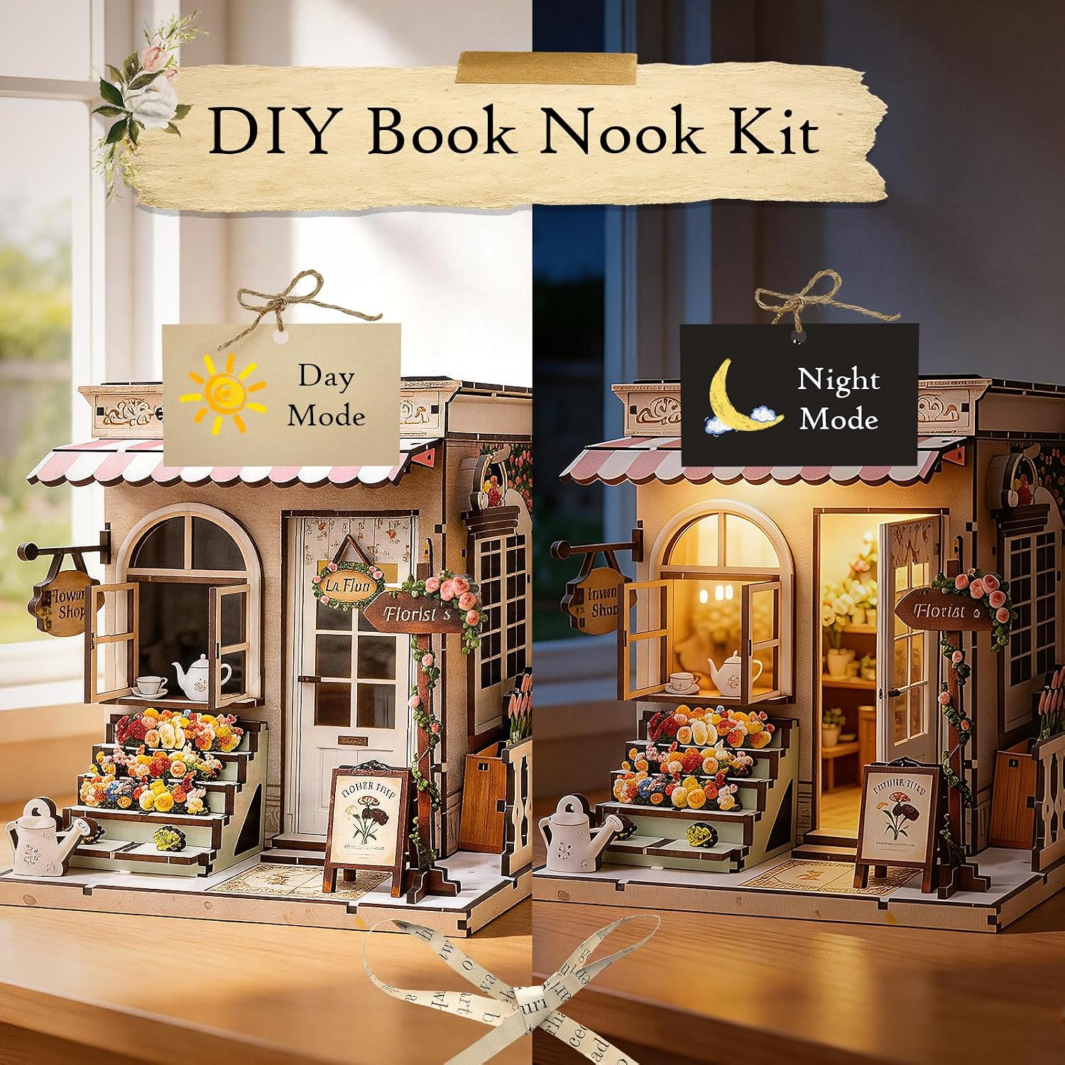 Book Nook Kit DIY Miniature House – 3D Wooden Puzzle Bookshelf Insert with LED Lights, Tiny Dollhouse Building Model Craft Kit, Unique Book Nook Decor Gift for Adults, Teens, Book Lovers