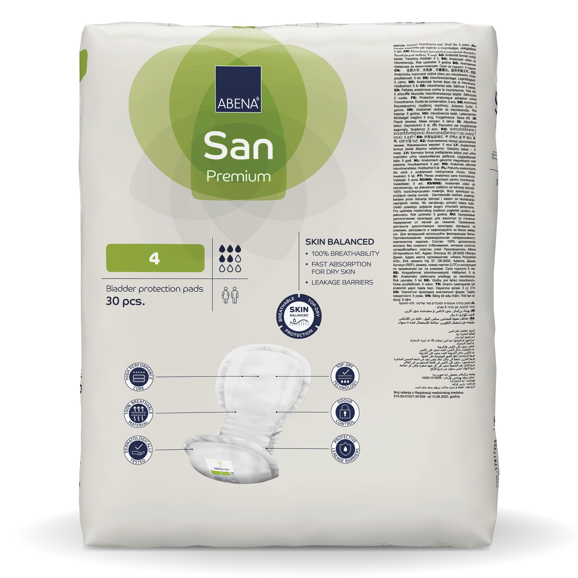 ABENA San Premium - Assorbenti per incontinenza da uomo e donna, traspiranti e confortevoli, ad assorbimento rapido, discreti ed efficaci, confezione da 4, assorbenza da 800 ml, 9 confezioni da 30