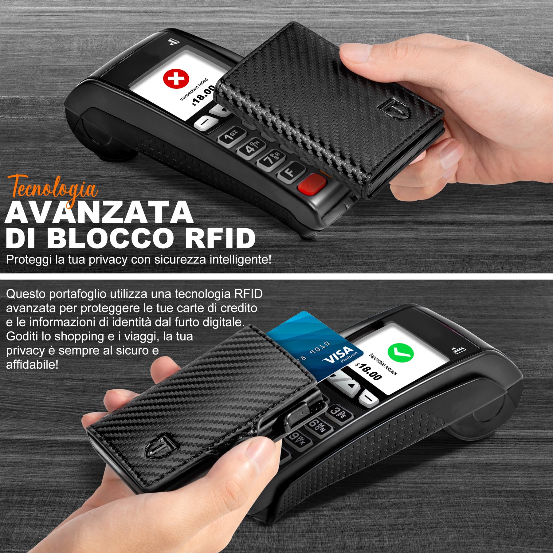 Tomylv Portafoglio Uomo RFID Blocking, Portafoglio Uomo Slim Pelle in Fibra di Carbonio con 7 Porta Carte di Credito Uomo, Tasca con Cerniera, Chiusura con Bottone, con Confezione Regalo - Nero