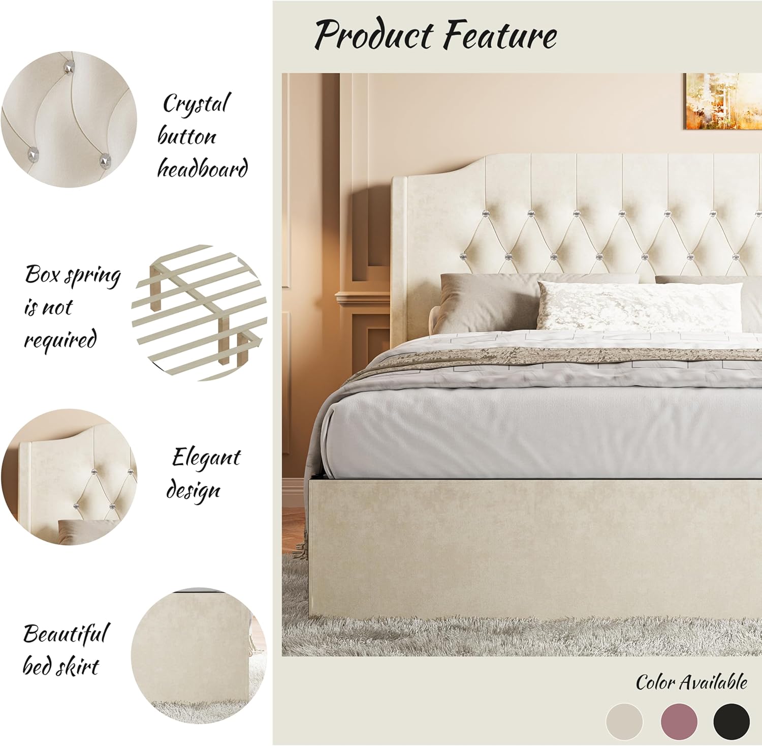 Queen Upholstered Bed Frame with Wingback Headboard and Removable Side Cover, Modern Velvet Platform Bed Frame with Crystal Button Accents, Under Bed Storage, Easy Assembly, Beige