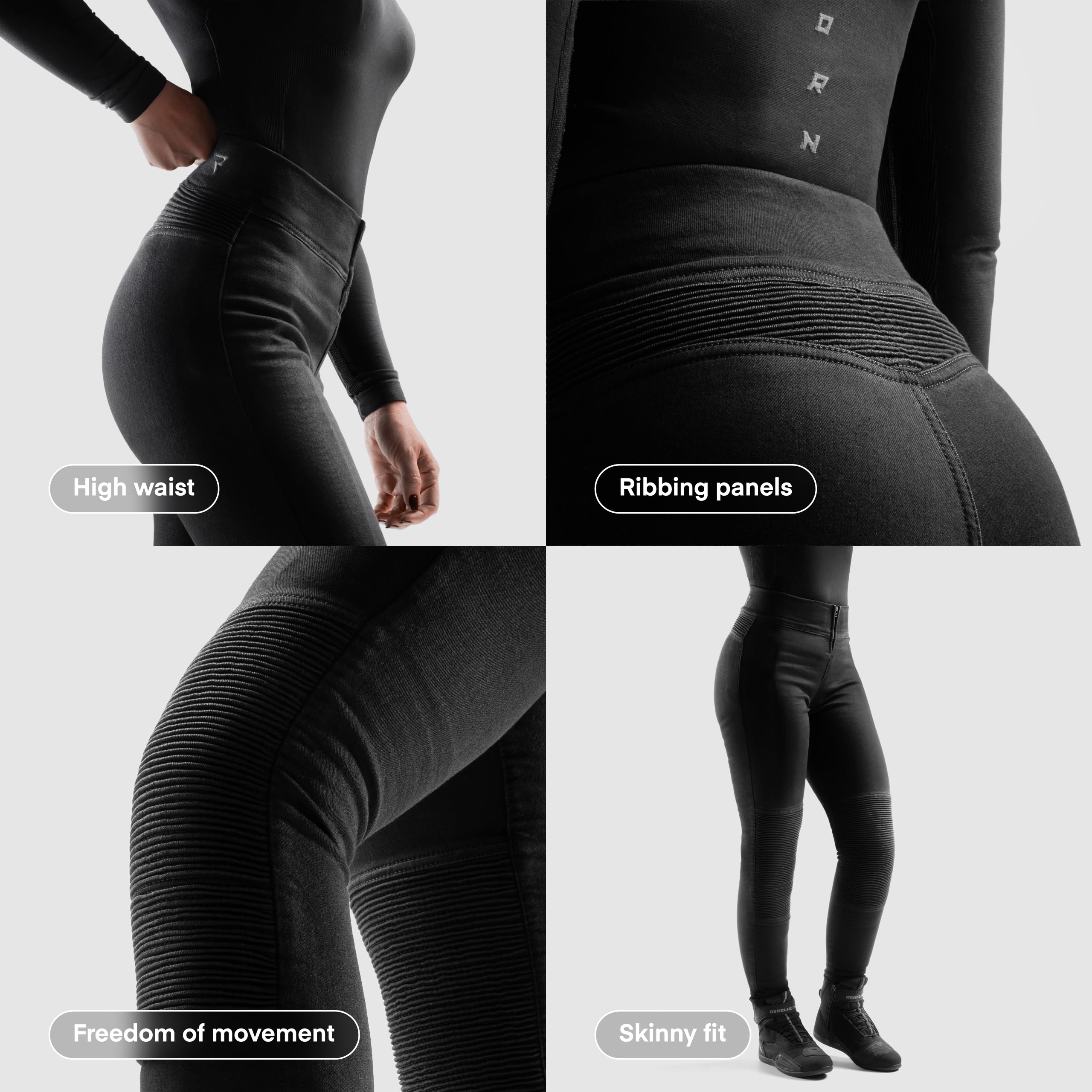 REBELHORN Chica Motorradleggings Motorradhose Damen | Aramidfaser Futter | Knie und Hüftprotektoren Stufe 2 | Tasche für Steißbeinprotektor | Hohe Taille | Skinny Fit