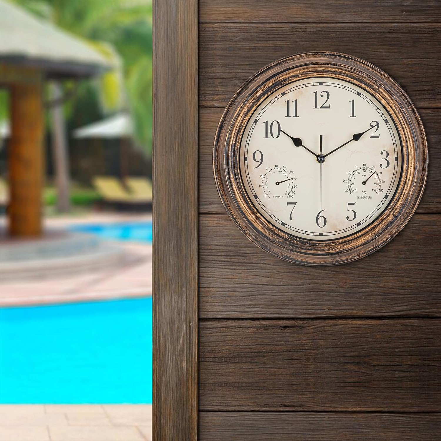 Outdoor Garden Wall Clock, Waterproof Vintage Wall Clock with Thermometer and Humidity, 12 Inch/30cm Non-Ticking Weatherproof Hanging Clock for Patio, Pool, Porch, Garden, Bathroom, Bronze