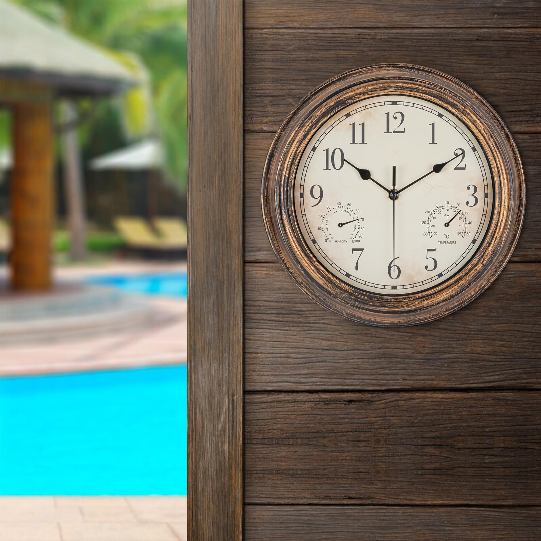 Horloge murale de jardin - Étanche - Vintage - Avec thermomètre et humidité - 30 cm - Sans tic-tac - Résistante aux intempéries - Pour terrasse, piscine, porche, jardin, salle de bain