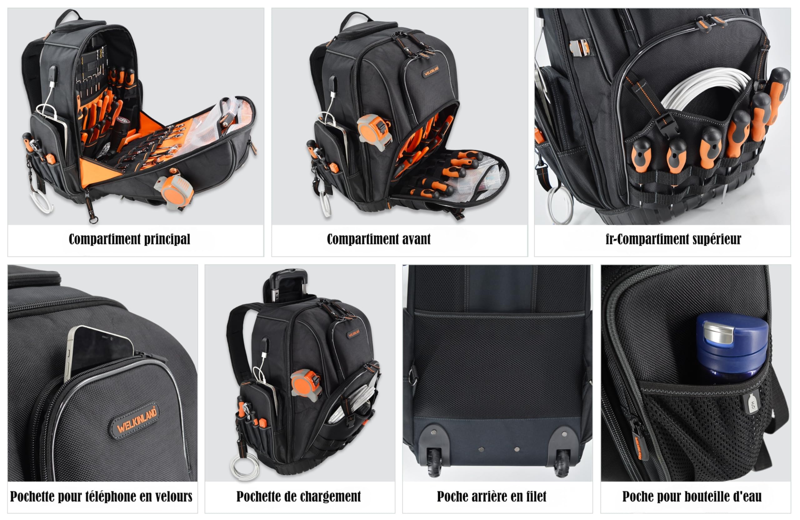 WELKINLAND Sac à dos à roulettes 72 poches, grand sac à outils avec roulettes, sac d'électricien roulant avec roues pour homme