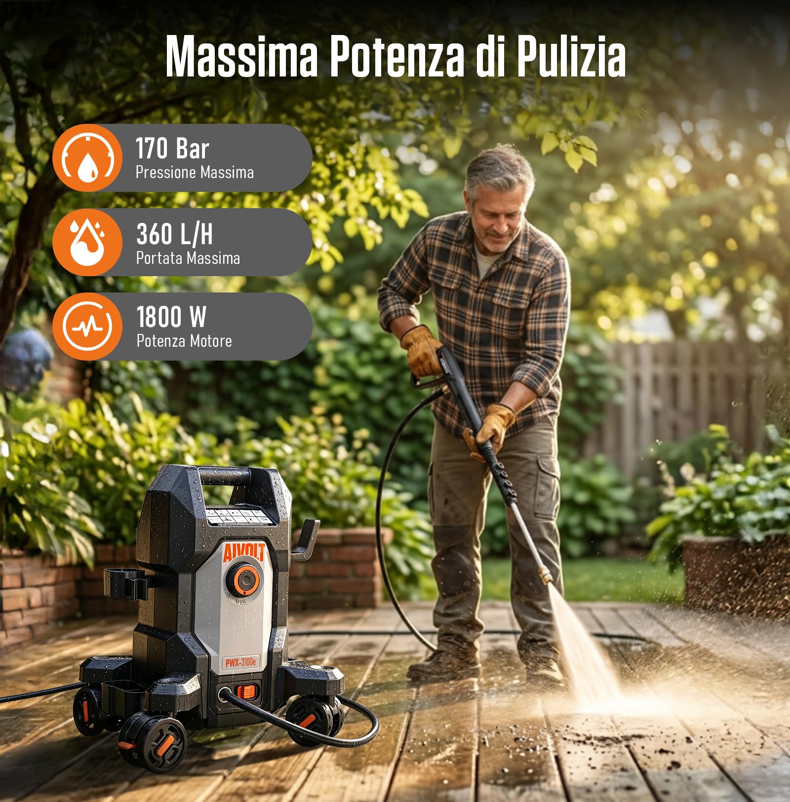AIVOLT Idropulitrice ad Alta Pressione da 1800W, 170 Bar | con 5 Ugelli di Diversa Modalità, Tubo Flessibile da 7,6 Metri, Portata Massima 360 L/H, per Pavimenti, Finestre, Auto, ecc.