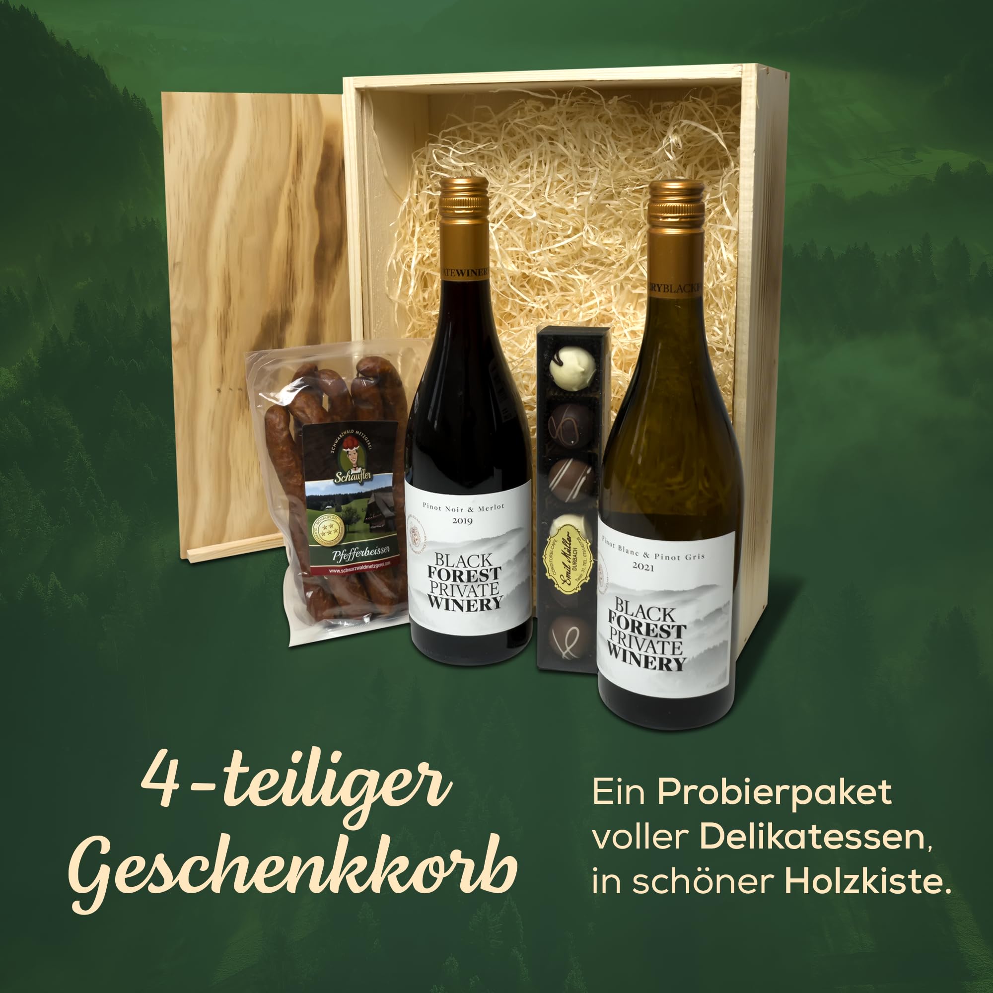 Schwarzwald Metzgerei Schaufler Badische Weinkiste - Rot- und Weißwein mit Pralinen und Knabberwurst-Pfefferbeisser 4-teilig