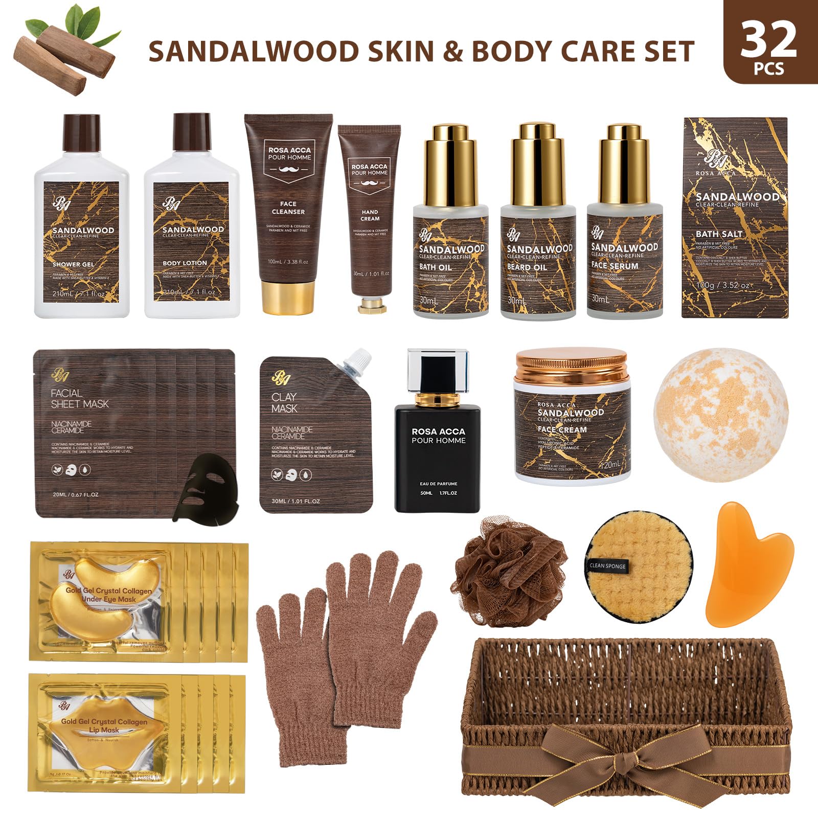 Sandalwood 32 Pcs Bath & Body Gift Basket for Men, Beard Grooming Set, Face Skin Care Kit, Home Spa Basket Gift Set, Bath Bomb, Birthday, Christmas, Valentines, Father's Day, Anniversary