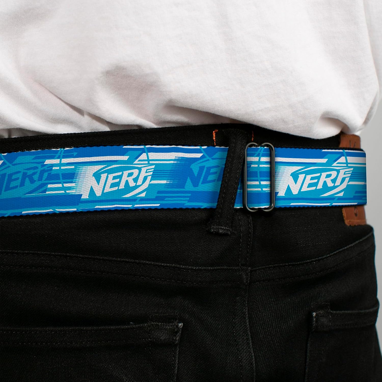 Nerf Belt, Seatbelt Buckle Belt, Nerf Logo Streaks Blues White, Adjustable