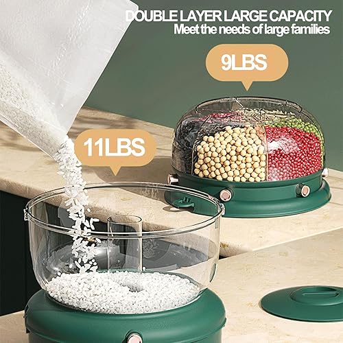 Miniatura 3 de Dispensador de cereales 20Lbs, Contenedor de almacenamiento de cocina giratorio de 360, Dispensador de arroz y grano de doble capa, Contenedor de