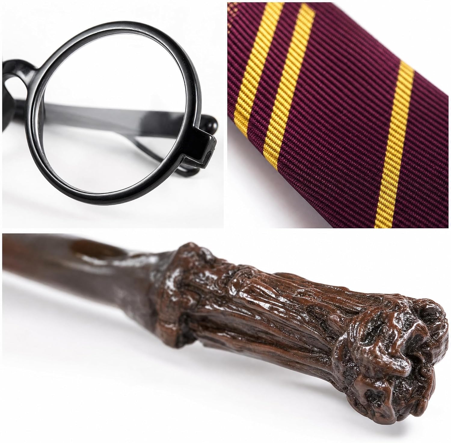Wizard Costume Accessories Set - Black Nerd Glasses, Striped Tie & Magic Wand - Cosplay Props for Kids & Adults, Halloween Party, Classroom Role Play, Stage Performance, School Dress Up