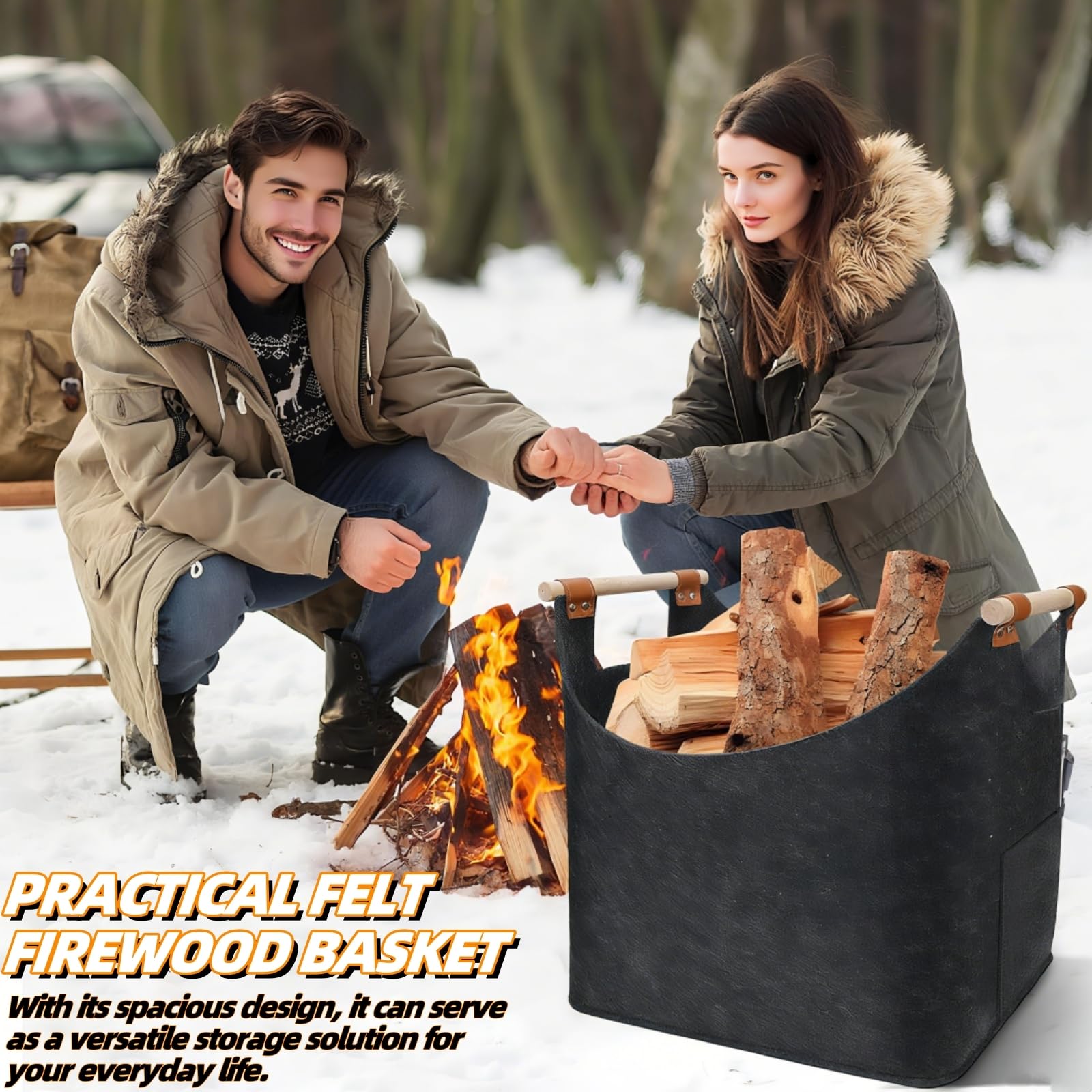 Panier à Bois de Chauffage Extra Large 50L Gris Foncé, Sac Pliable en Feutre avec Poignée Renforcée