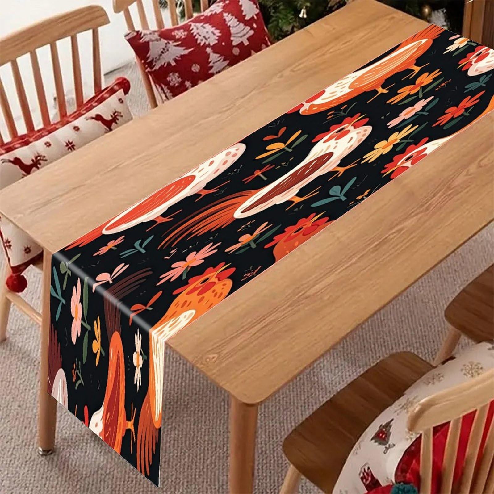 Cute Rooster Chickens Table Runner Modern Art Farmhouse Linen Table Runner Dresser Scarf Seasonal Kitchen Dining Table Decoration Dresser Scarves for Home Party Decor 13x70 Inch