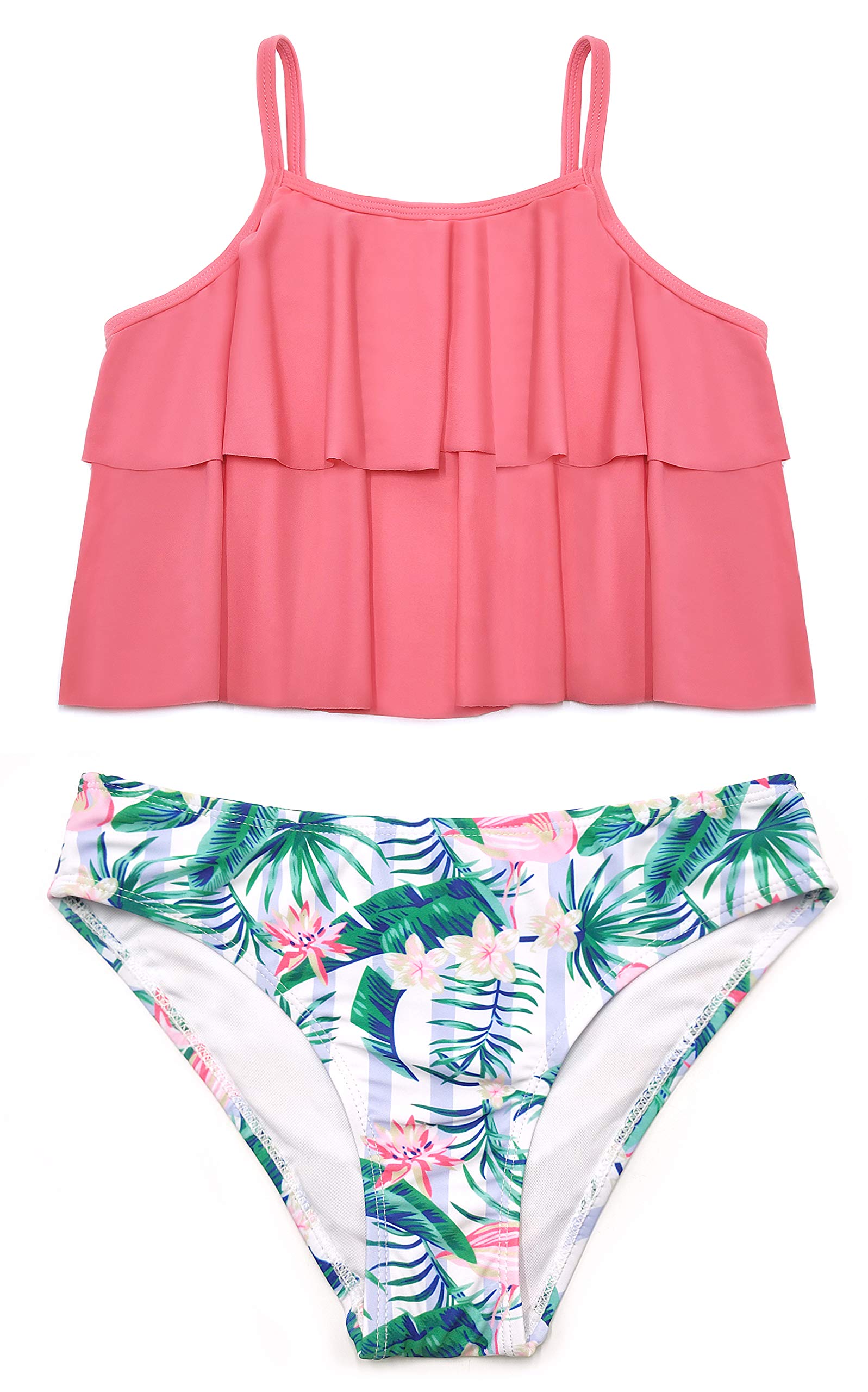 SHEKINI Conjunto de Bikini de 2 Piezas para Niñas Traje de Baño con Volantes de Doble Capa Parte Inferior de Hawaii con Cintura Baja Traje de Baño Floral Dulce