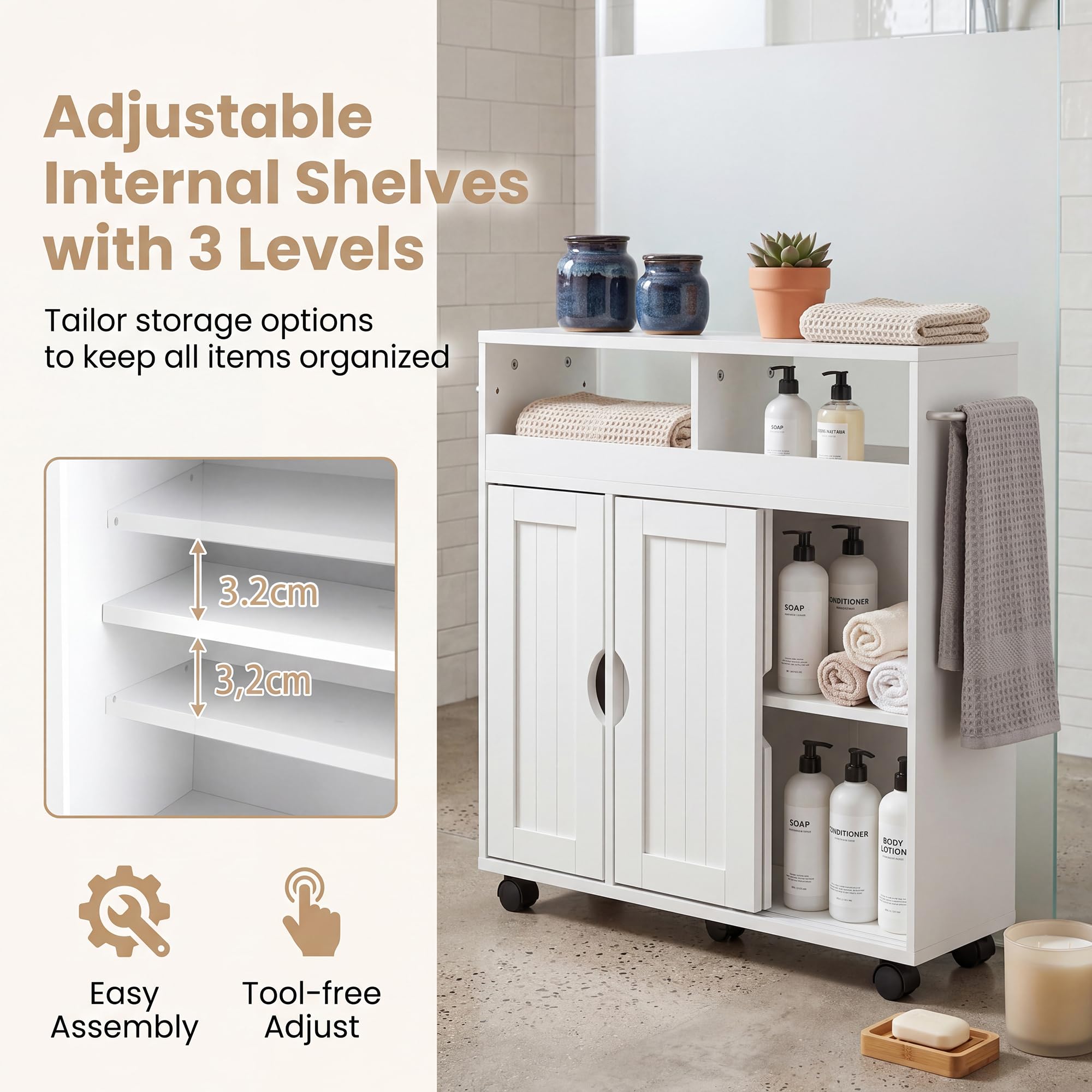 GIANTEX Badezimmerschrank mit Rollen, schmaler Badschrank mit verstellbarem Regal, Schiebetür, offene Fächer & Handtuchhalter, Nischenschrank Aufbewahrungsschrank für Wohnzimmer, Küche, 75x20x72 cm