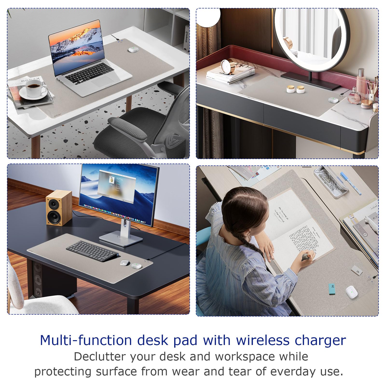 Tappetino per mouse 2 in 1 con ricarica wireless, in pelle di alta qualità, impermeabile, per ufficio, casa, lavoro, tastiera, caricabatterie per iPhone, dispositivi Android, AirPods e