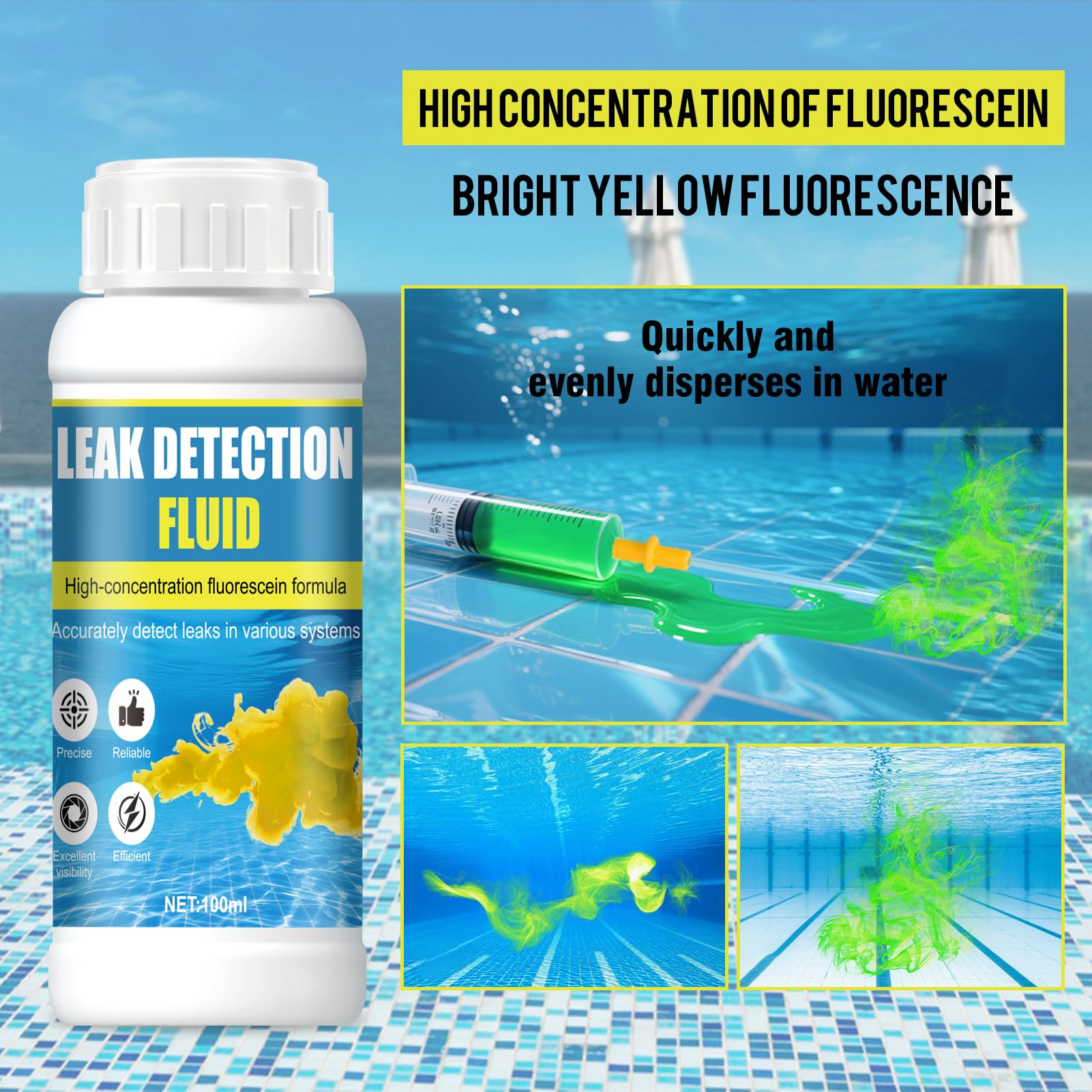 Colorant Fuite Piscine, Détecteur Fuite Piscine, Fluorescéine Forte, Solubilité dans l'Eau