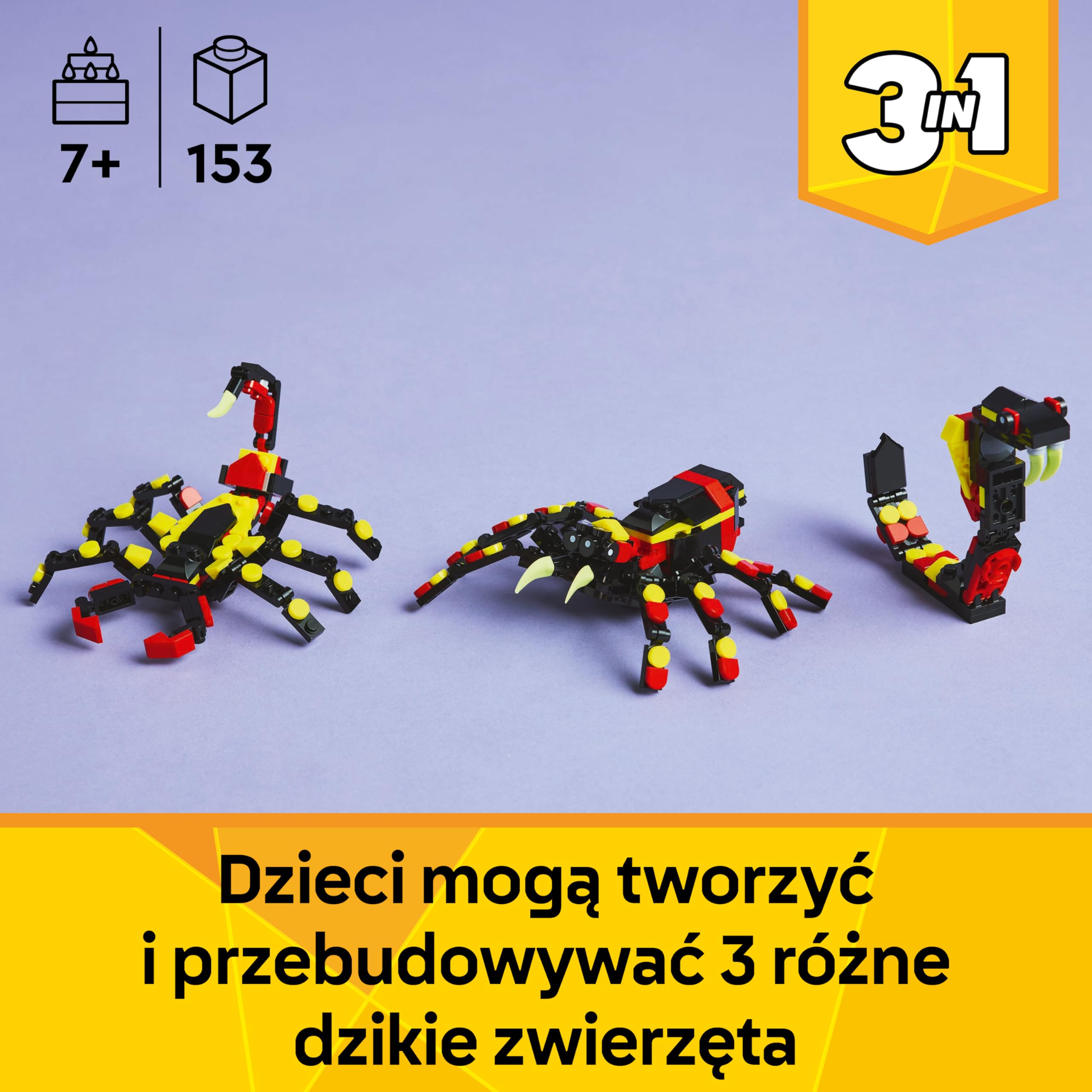 LEGO Creator 3 w 1 Dzikie zwierzęta: niezwykły pająk, Zabawka dla Dziecka do Zbudowania, Zestaw Konstrukcyjny do Przebudowania na Skorpiona lub Węża, Prezent dla 7-latka, Chłopca i Dziewczynki 31159
